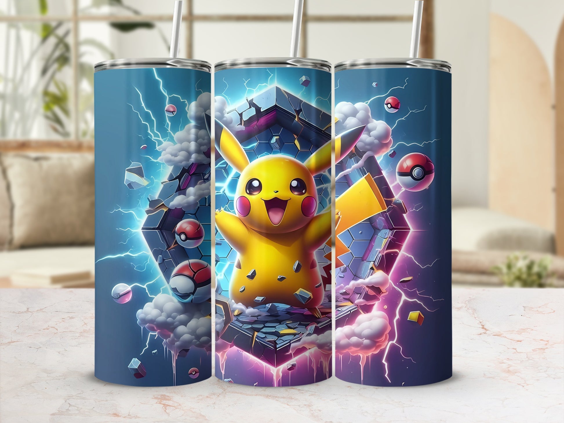 Electrifying Pikachu and Pokéballs Tumbler Cup Design