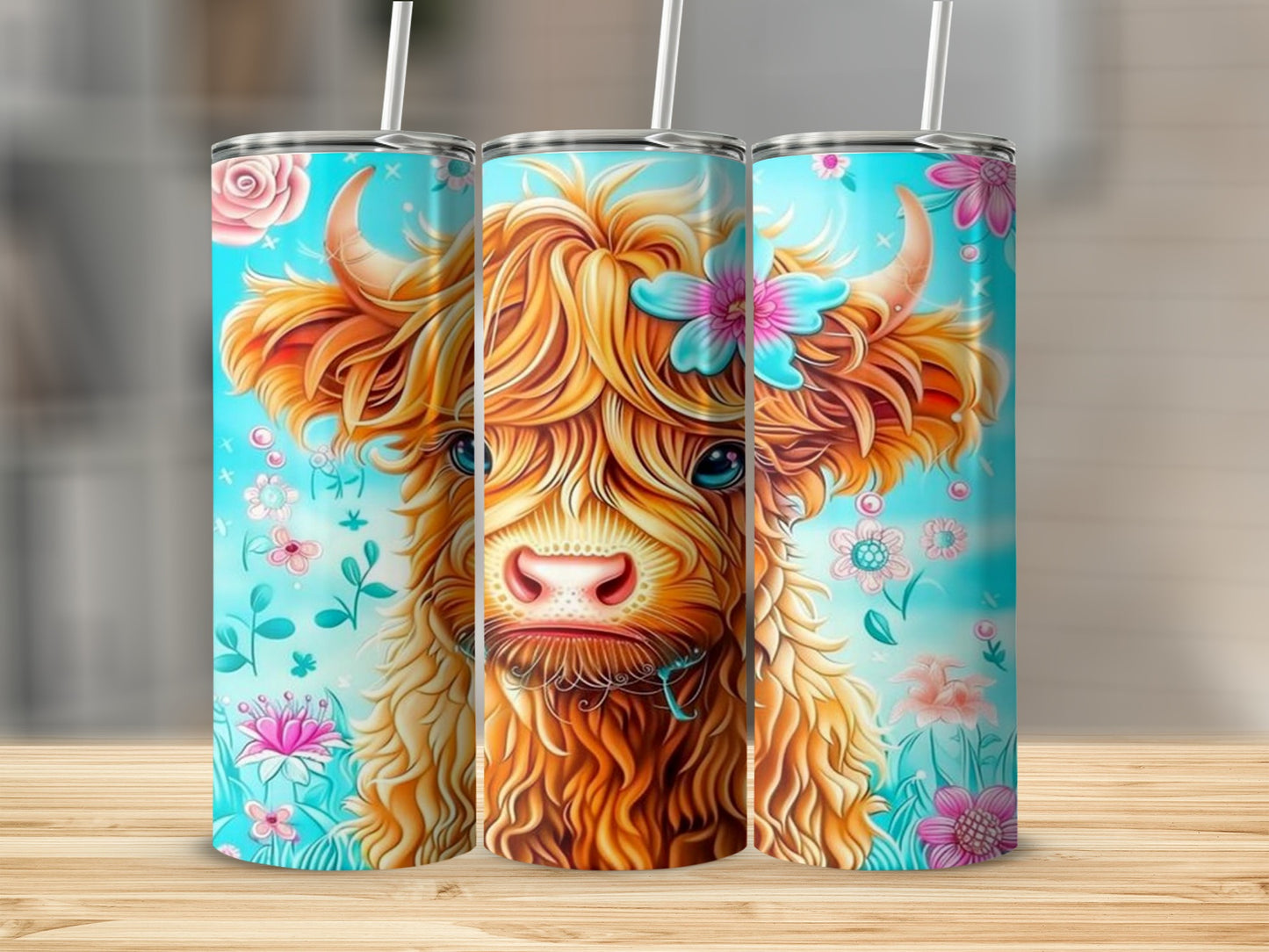 Highland Cow Artistic Floral Design Travel Mug Cup