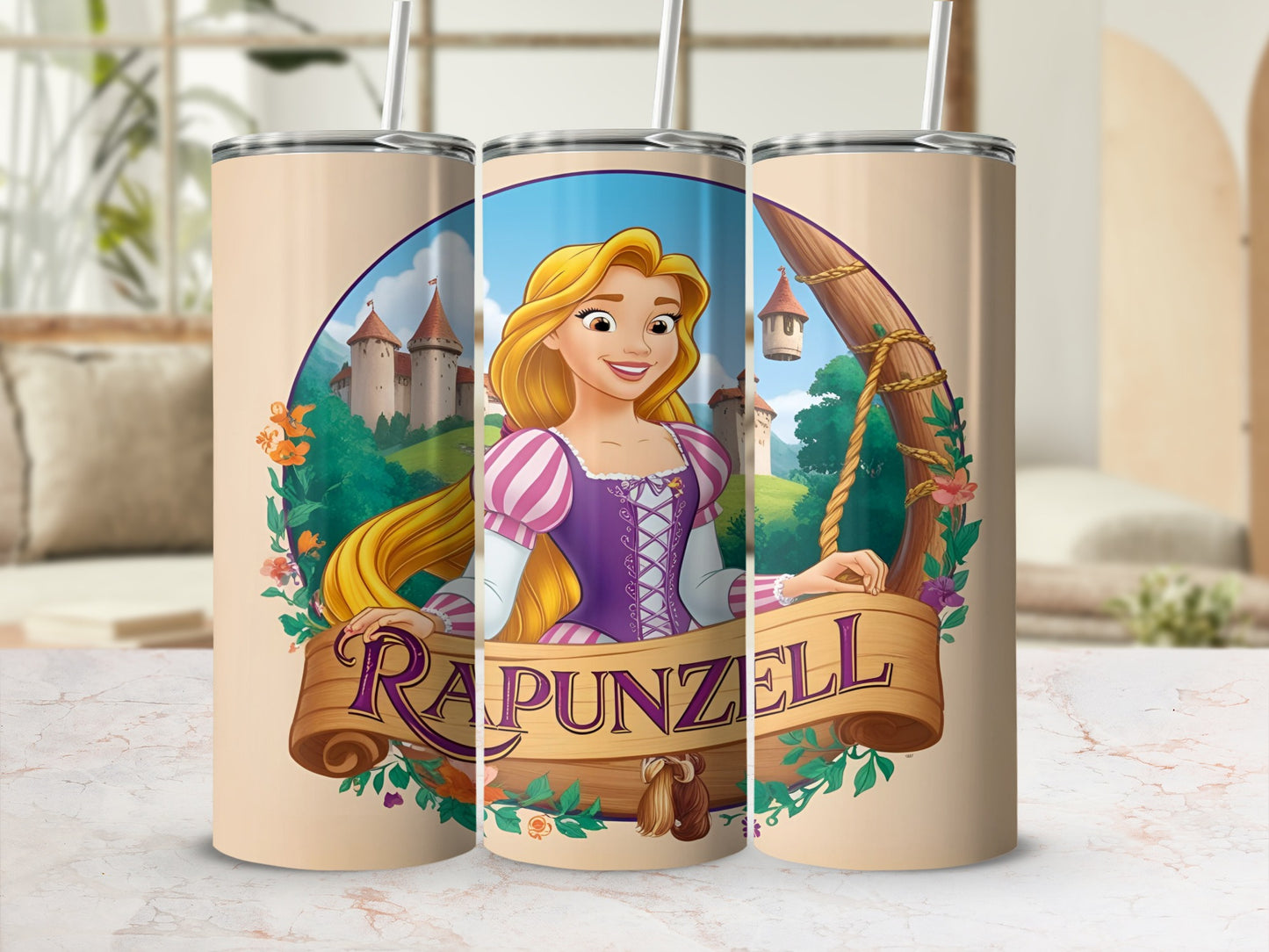 Rapunzel in a castle scene on a tan tumbler with a wooden sign.