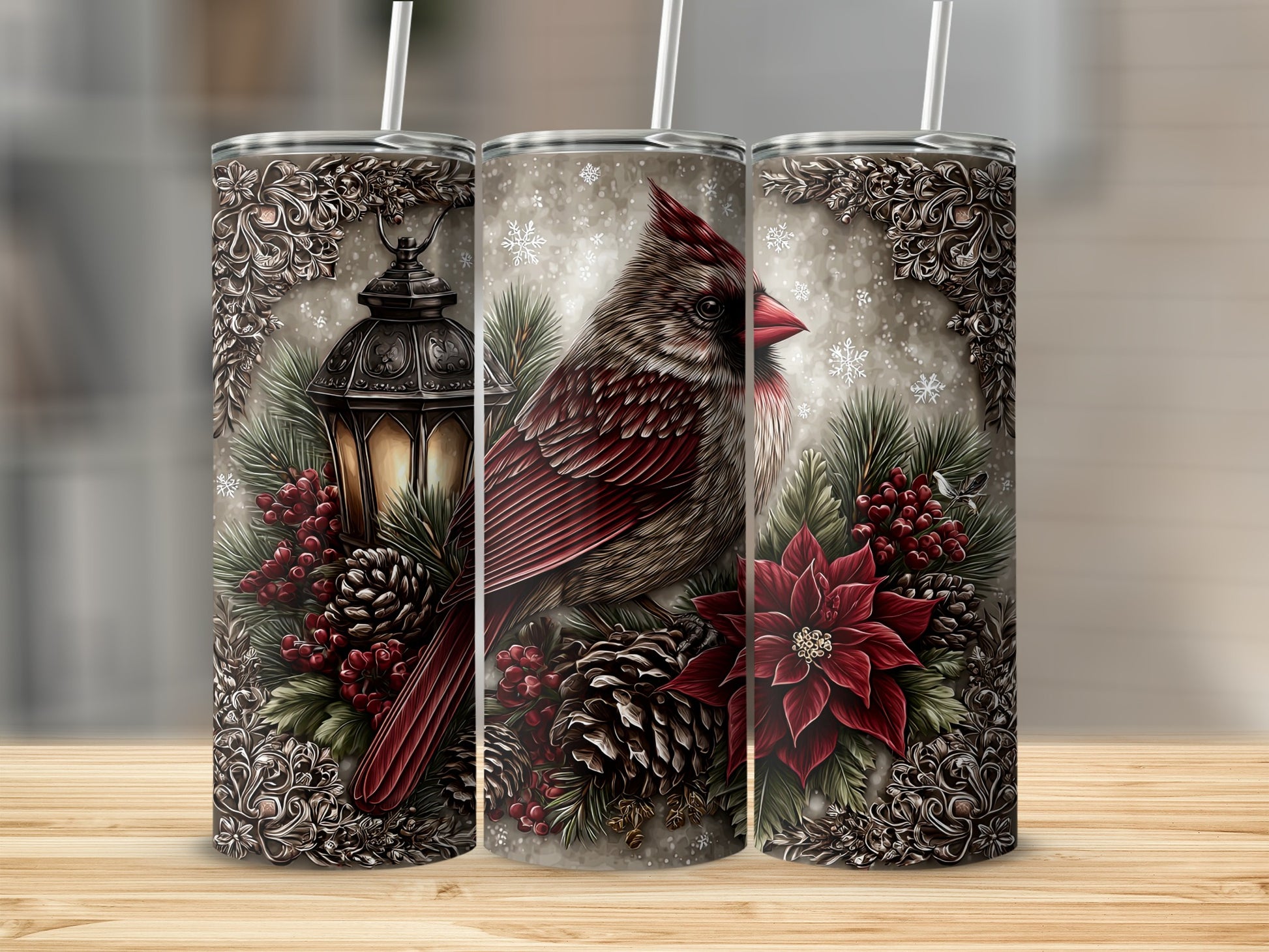 Festive Cardinal and Lantern Design Tumbler Cup