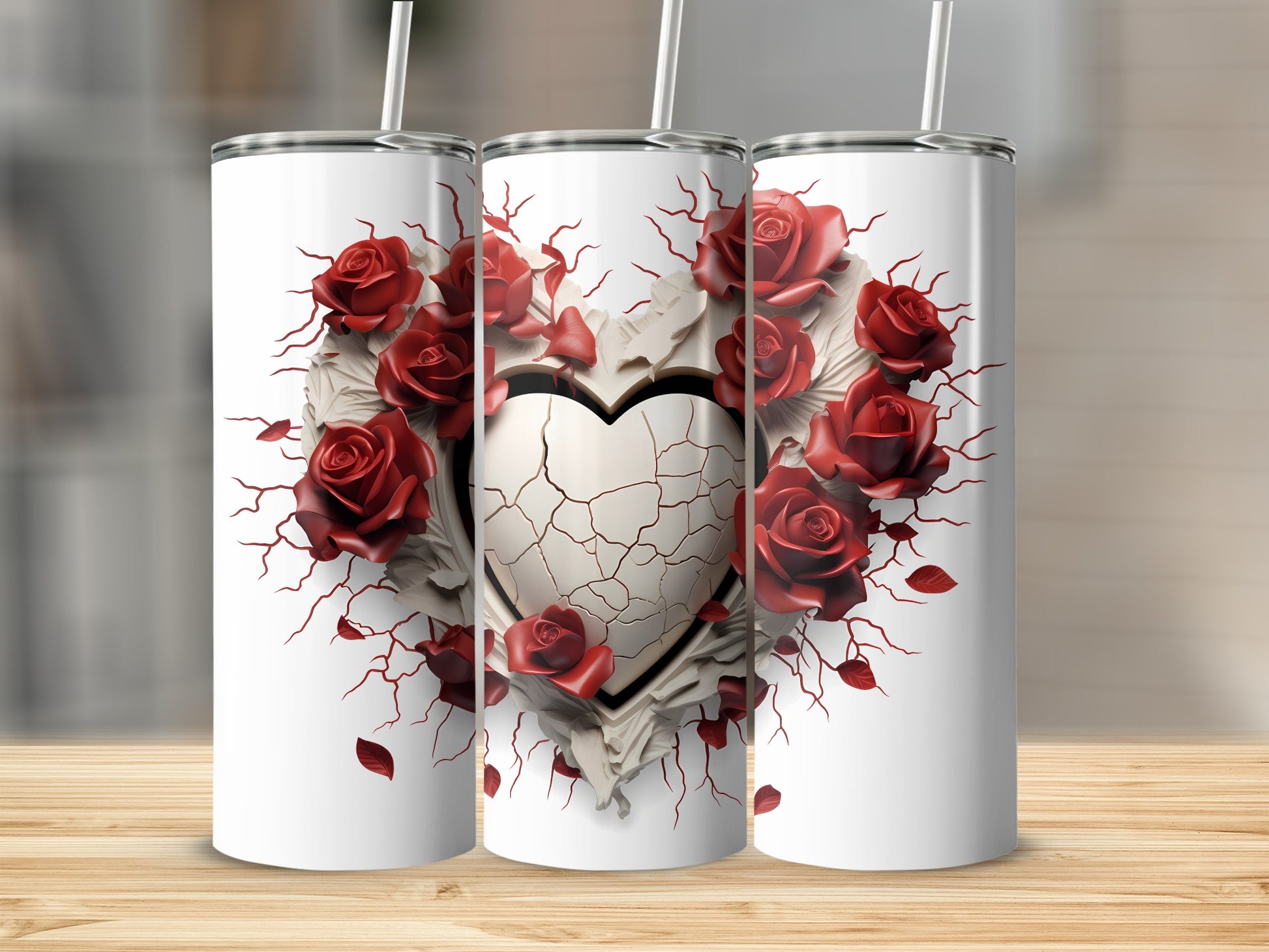 Red Rose Heart Design Tall Tumbler with Straw