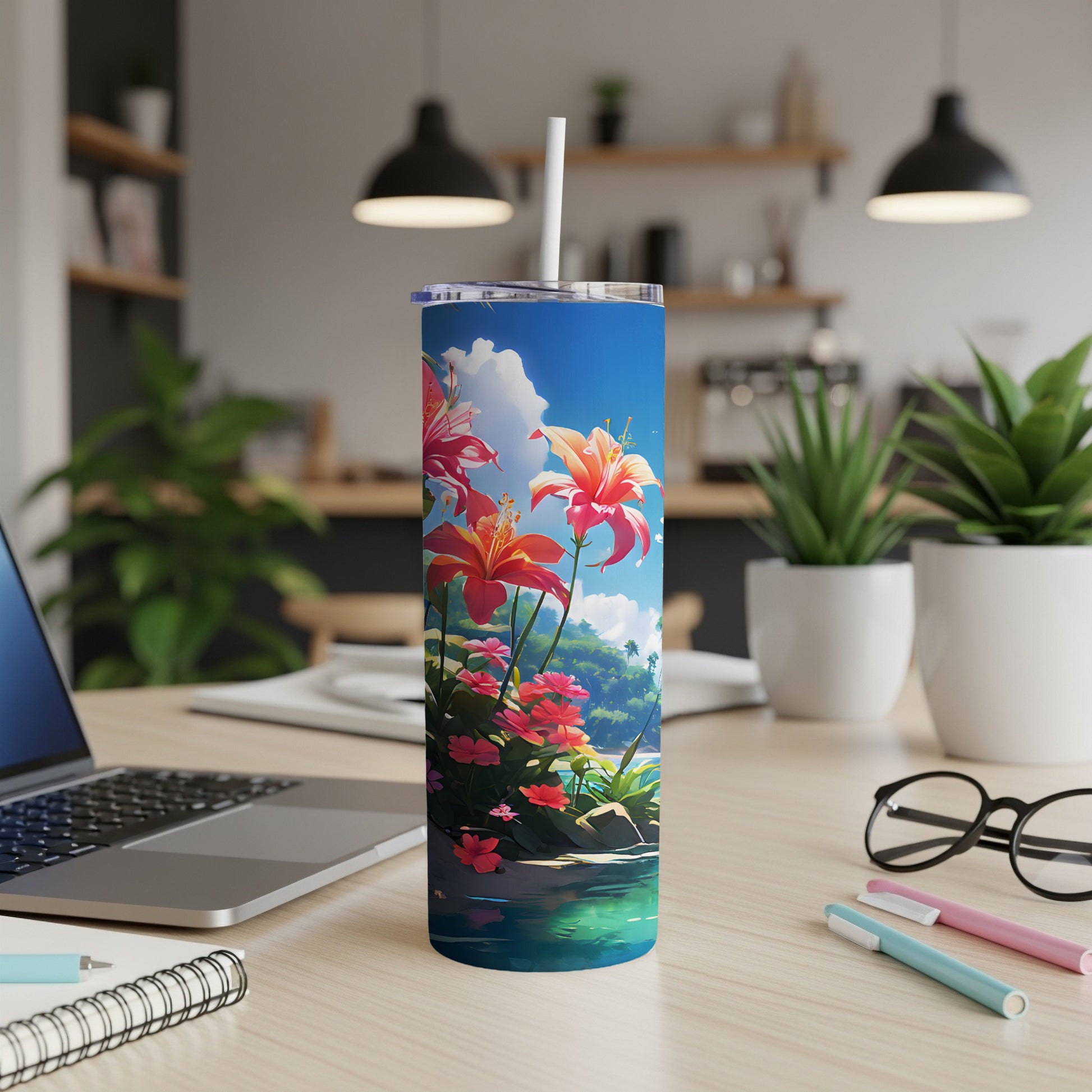 Tumbler with colorful tropical flowers and a scenic background.
