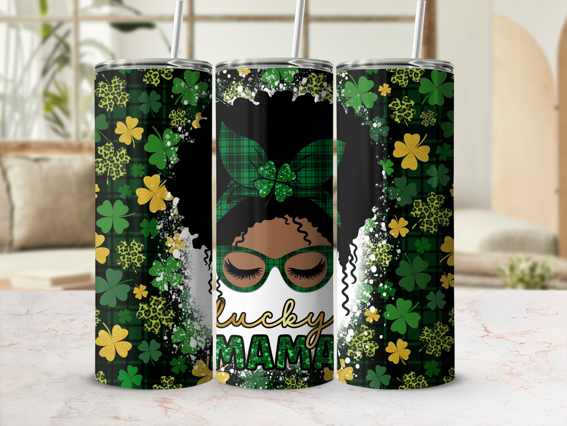 Green lucky clover tumbler with "Lucky Mama" text.