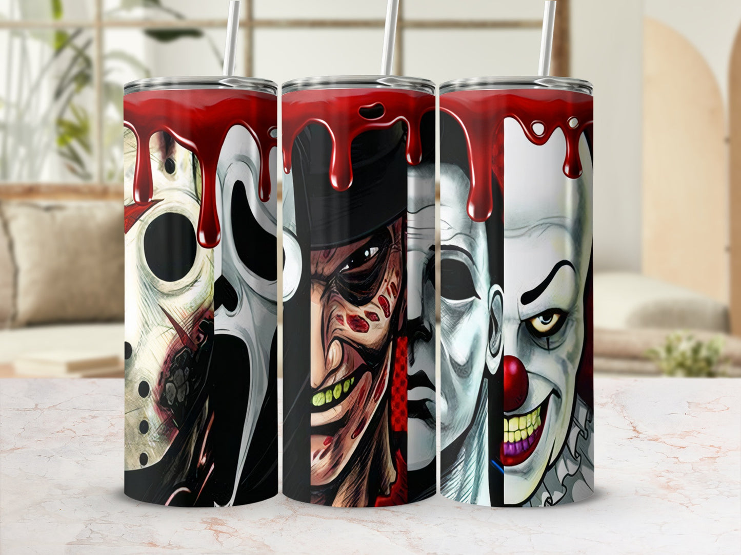 Three tumblers featuring horror movie characters with dripping red blood at the top.