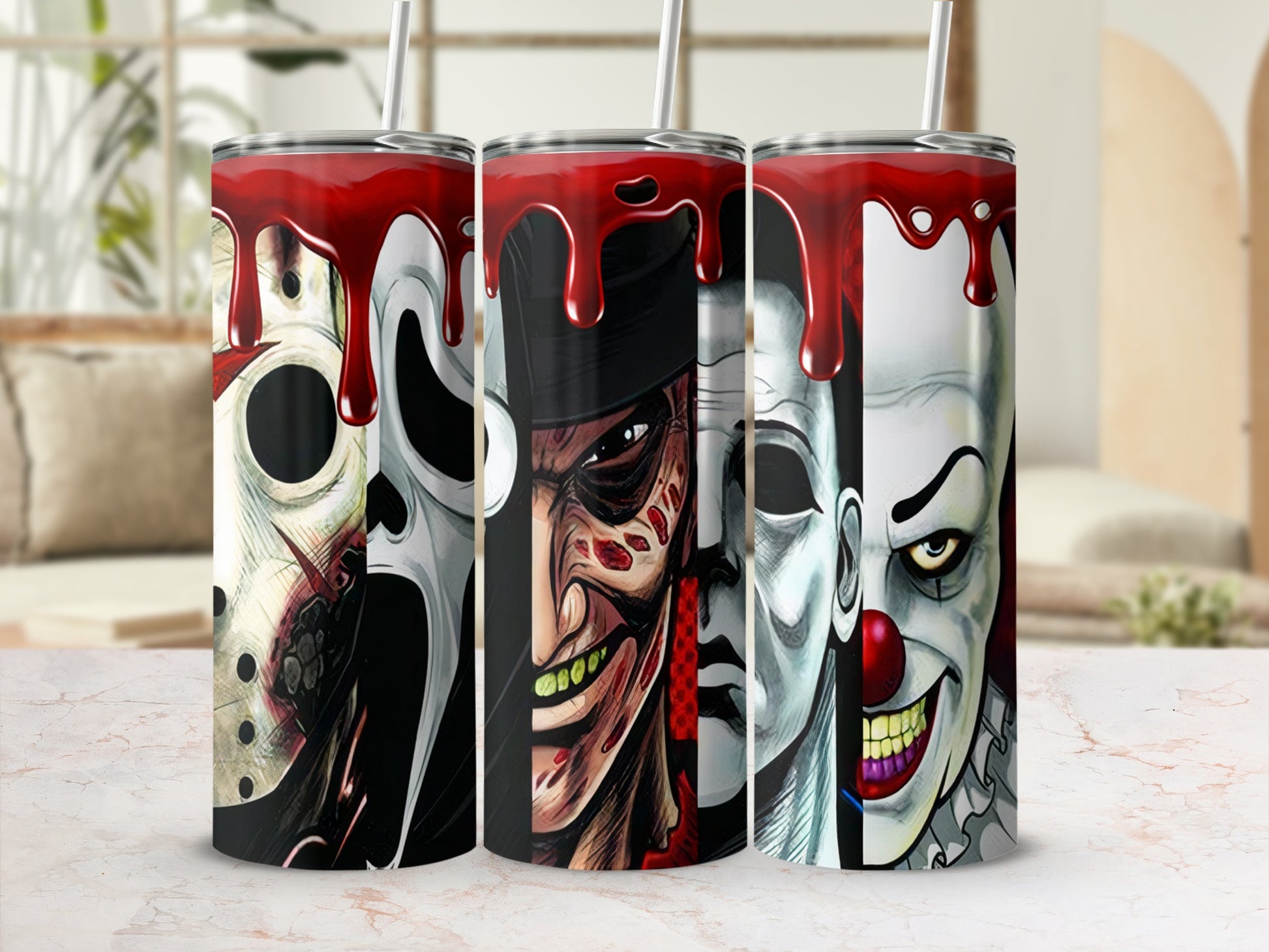 Three tumblers featuring horror movie characters with dripping red blood at the top.