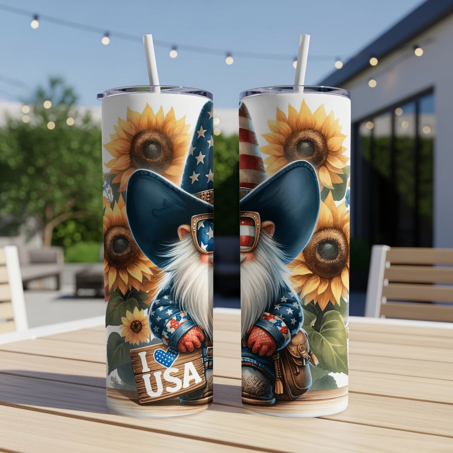 Two tumblers with a gnome wearing a US flag hat and holding an "I love USA" sign.