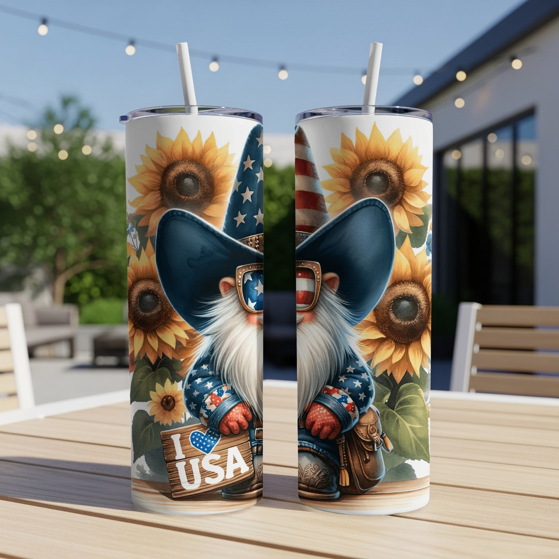 Two tumblers with a gnome wearing a US flag hat and holding an "I love USA" sign.
