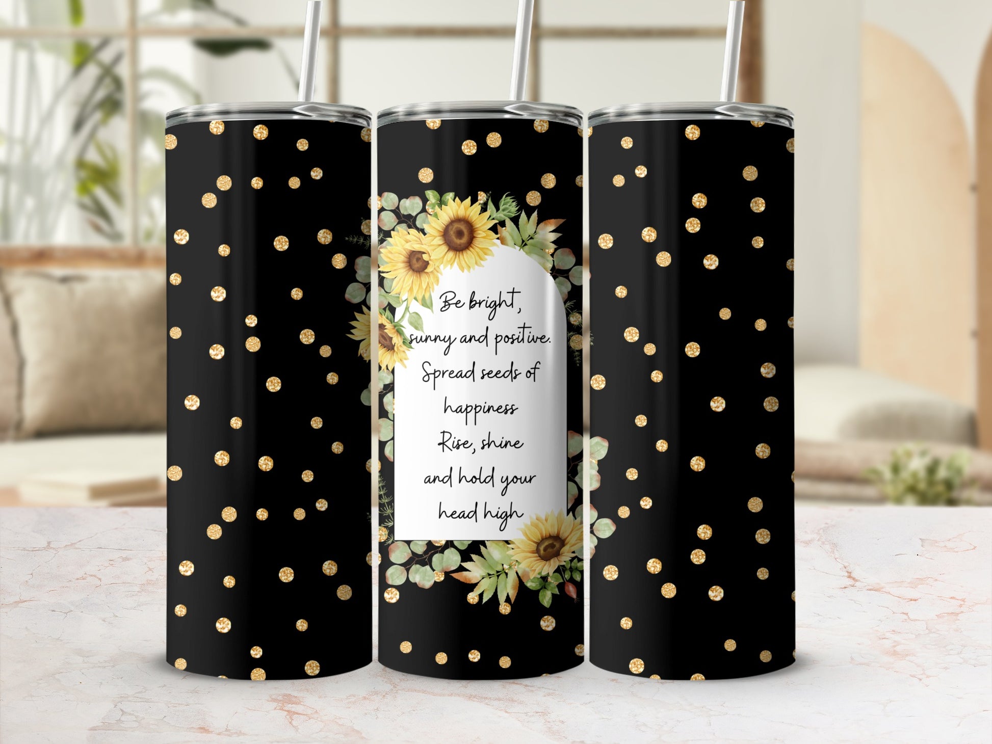 Black tumbler with gold polka dots, sunflowers, and motivational text.