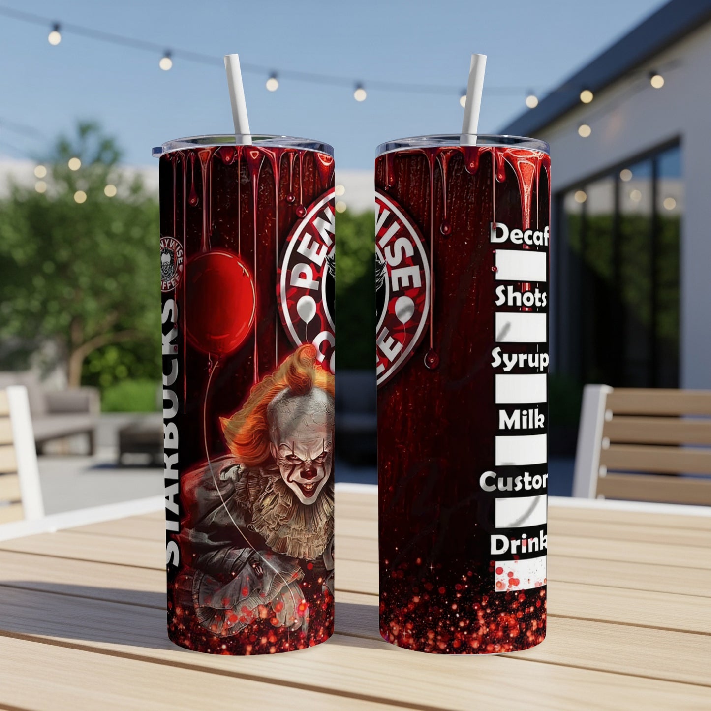 Two tumblers featuring Pennywise, a red balloon, and Starbucks-themed drink options.