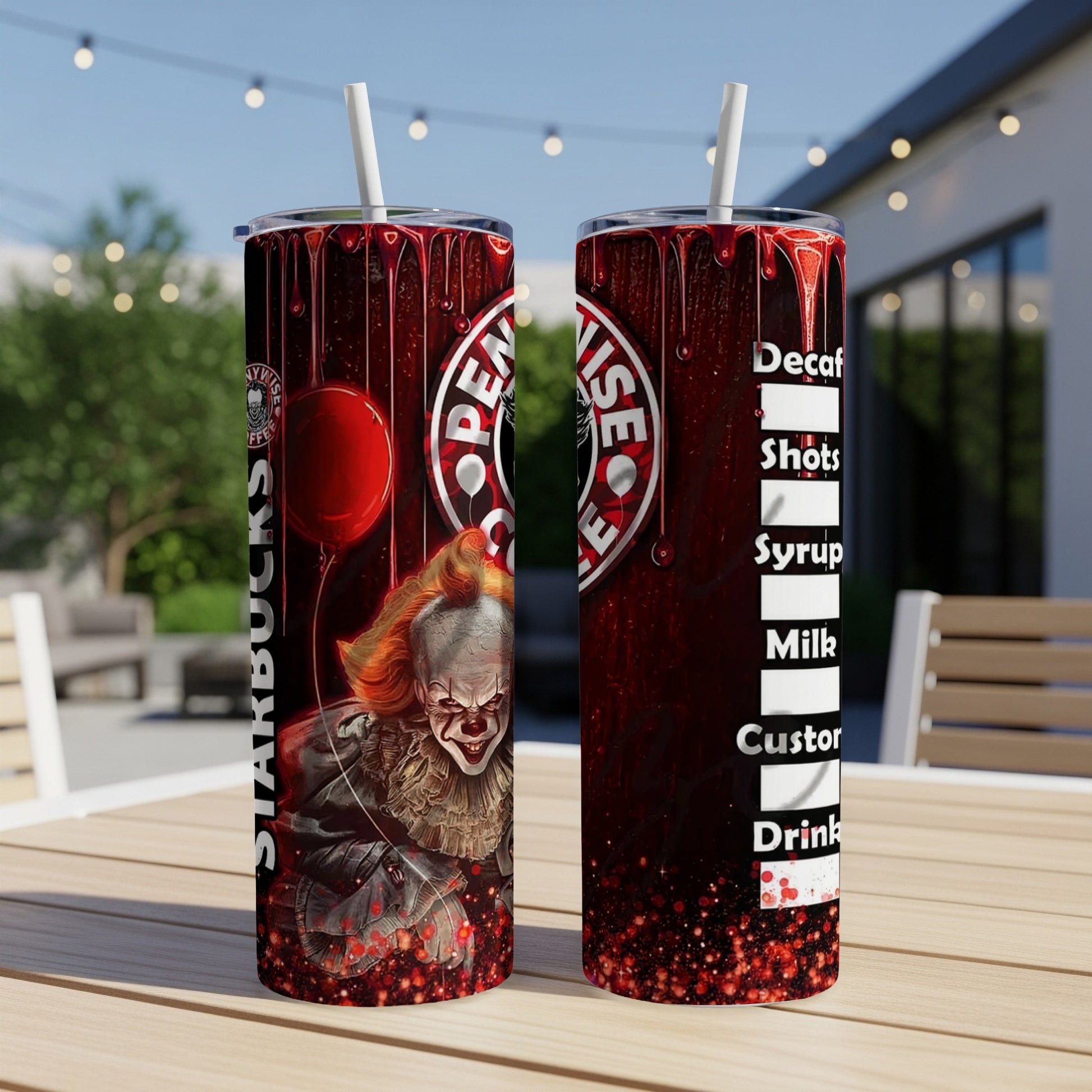 Two tumblers featuring Pennywise, a red balloon, and Starbucks-themed drink options.