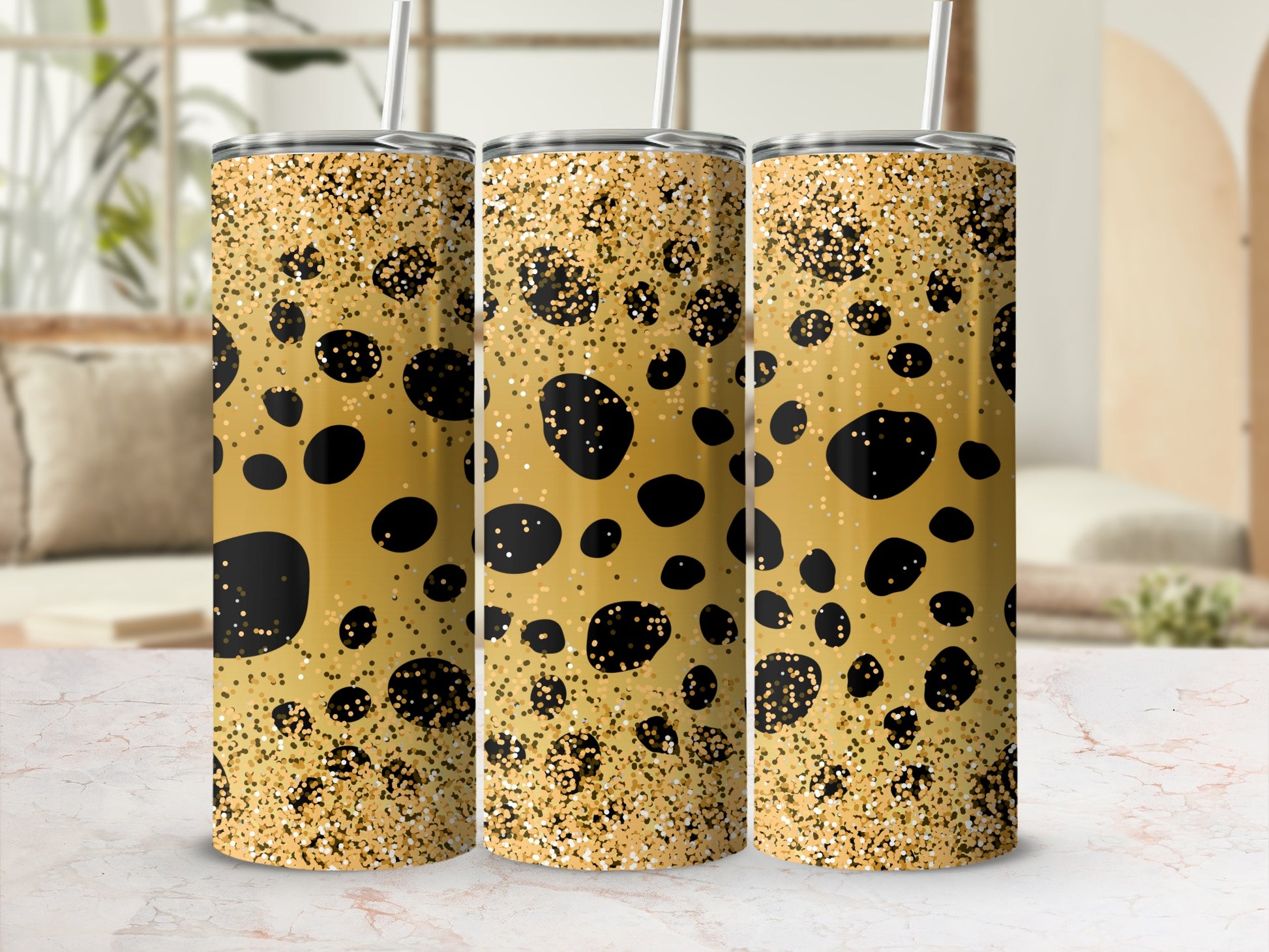 Stylish Gold Glitter and Black Dot Tumbler Cup Set