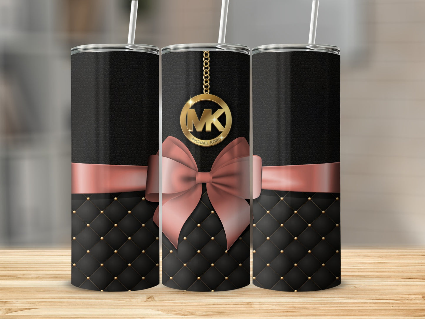 Elegant Black and Gold Tumbler with Pink Bow Design