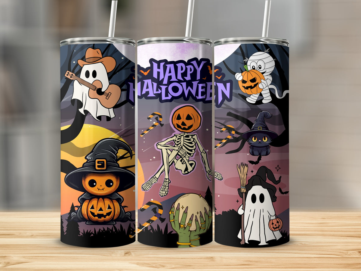 Halloween themed tumblers with ghosts, pumpkins, skeleton, and cat.