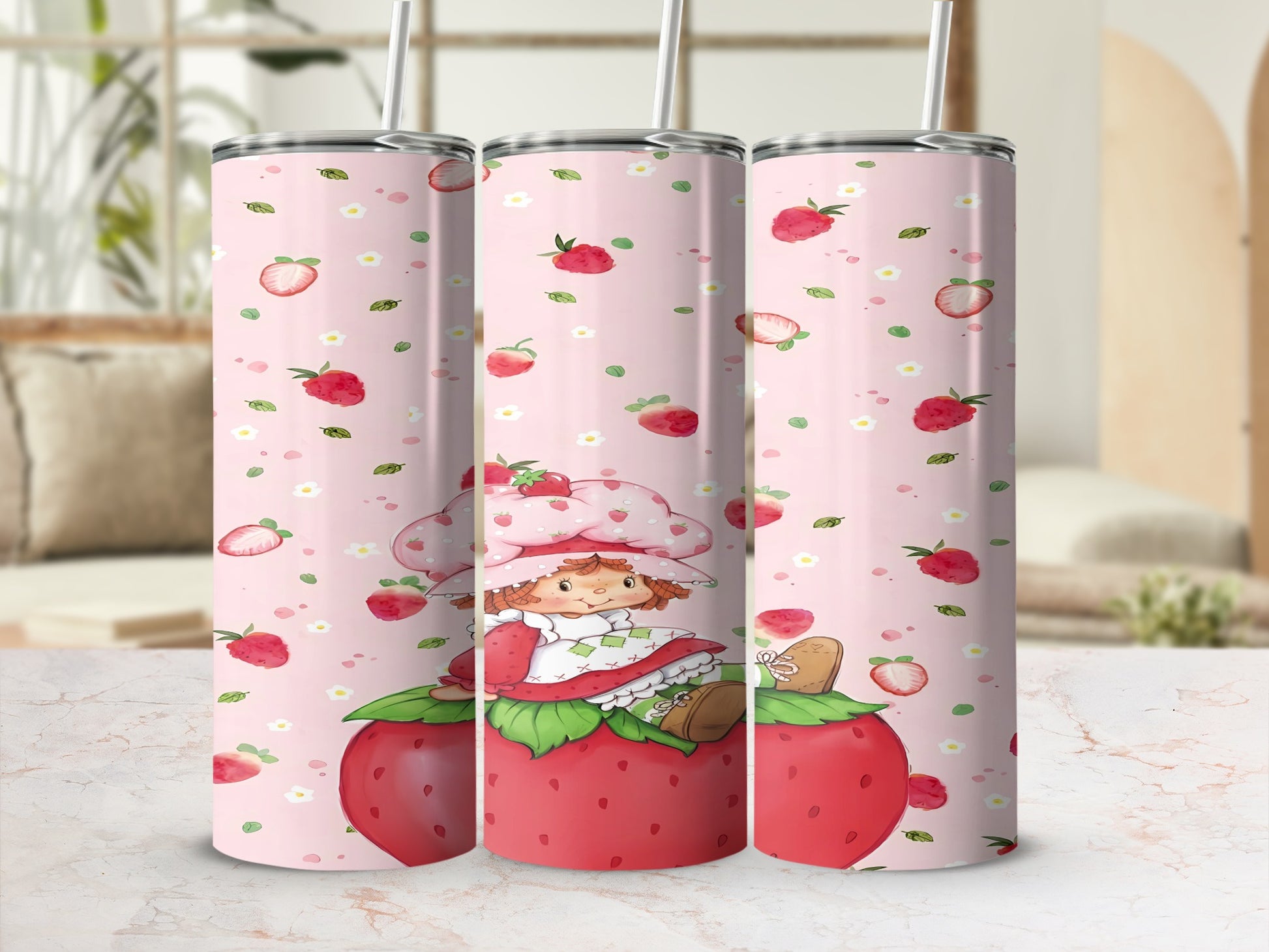 Strawberry Shortcake character sitting on a strawberry with a pink strawberry pattern.
