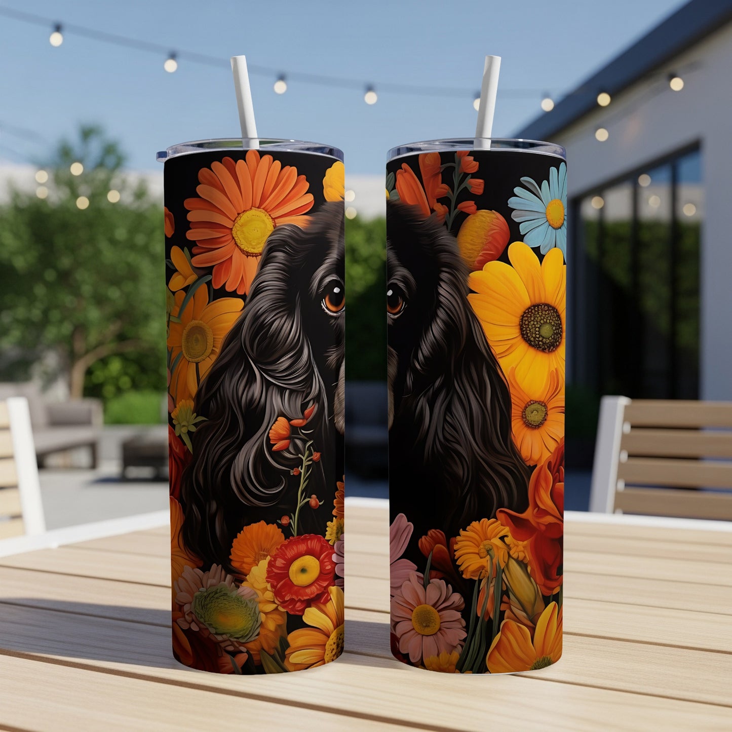 Black dog portrait on a colorful floral tumbler with straws.