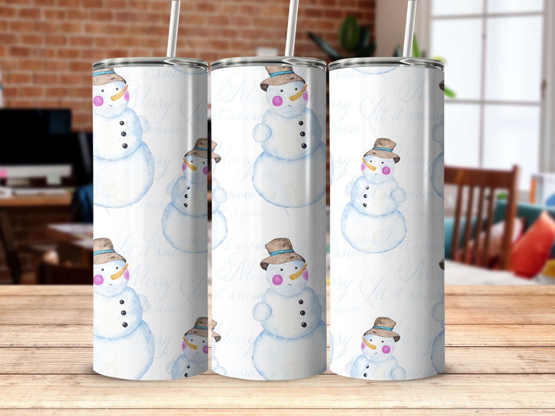 Tall tumbler with a repeating watercolor snowman and "Merry it snow" pattern.