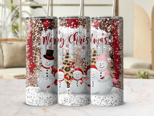 Three tumblers with snowmen, Christmas trees, and leopard print design.