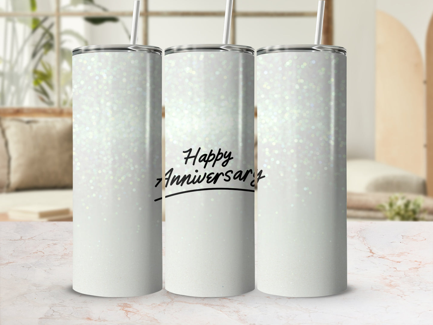 White glitter tumbler with "Happy Anniversary" text.
