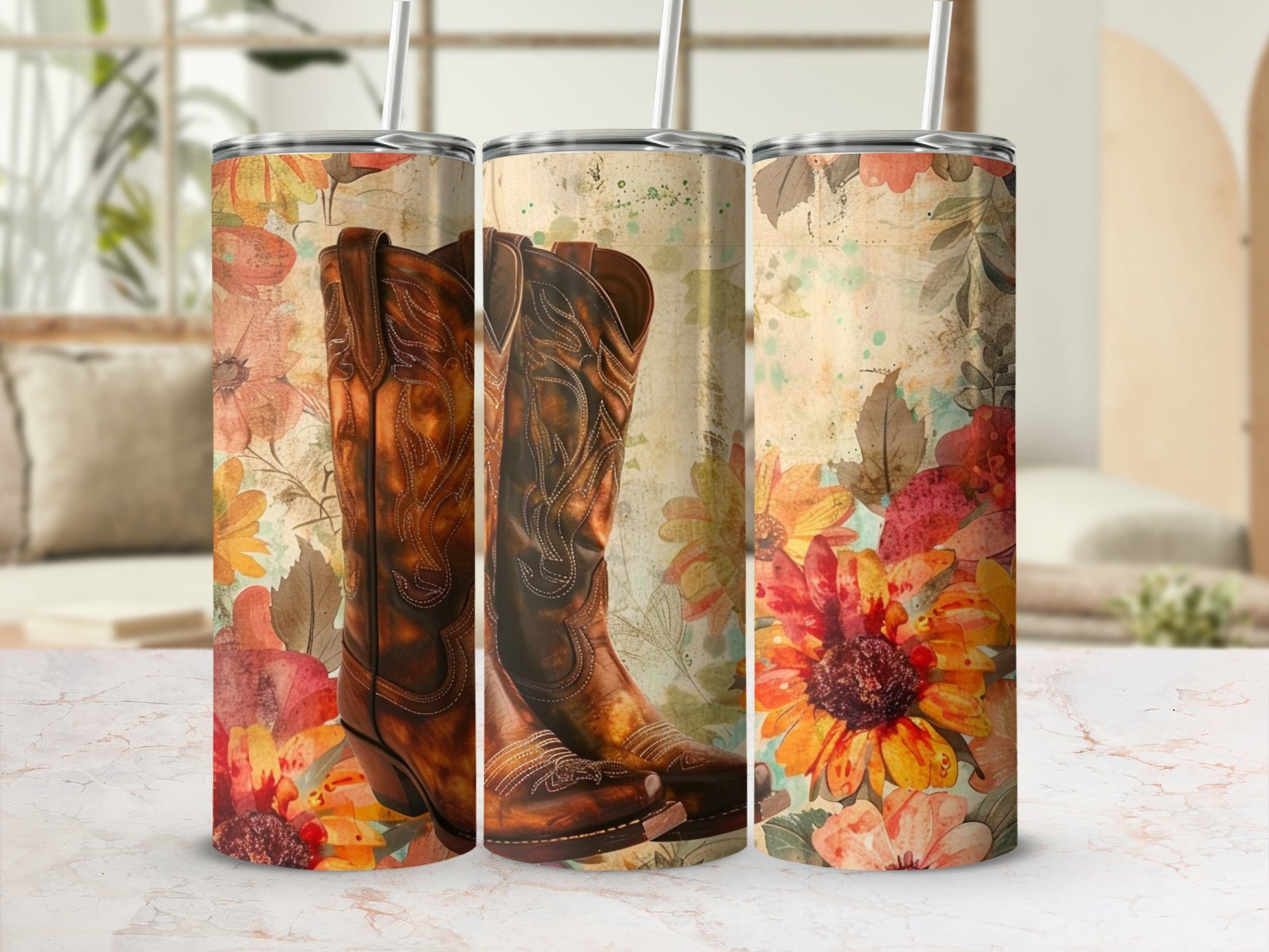 Cowboy boots with a floral and autumn leaf background design.