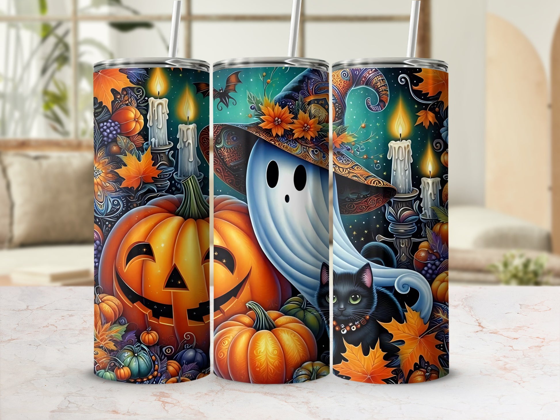 Halloween Ghost Pumpkin Candles and Cat Tumbler