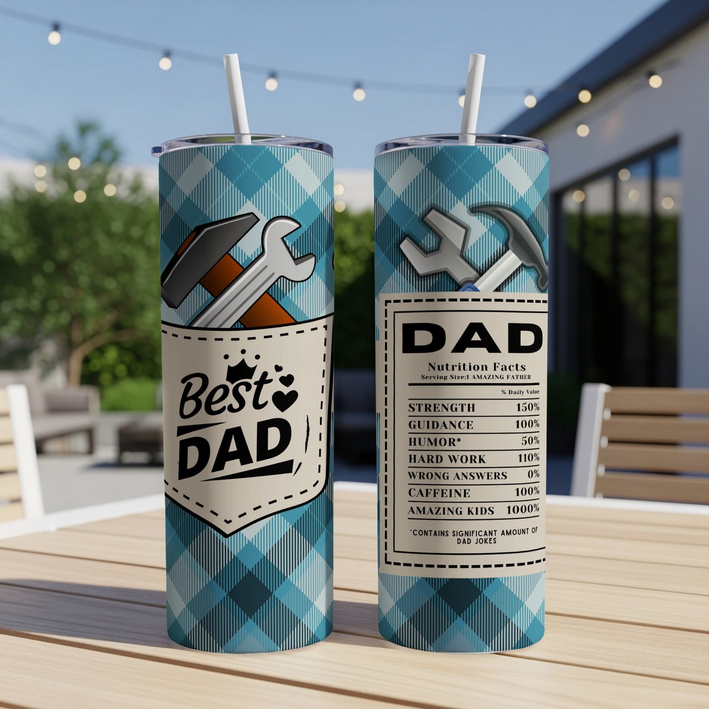 Two tumblers with blue plaid and dad-themed graphics.