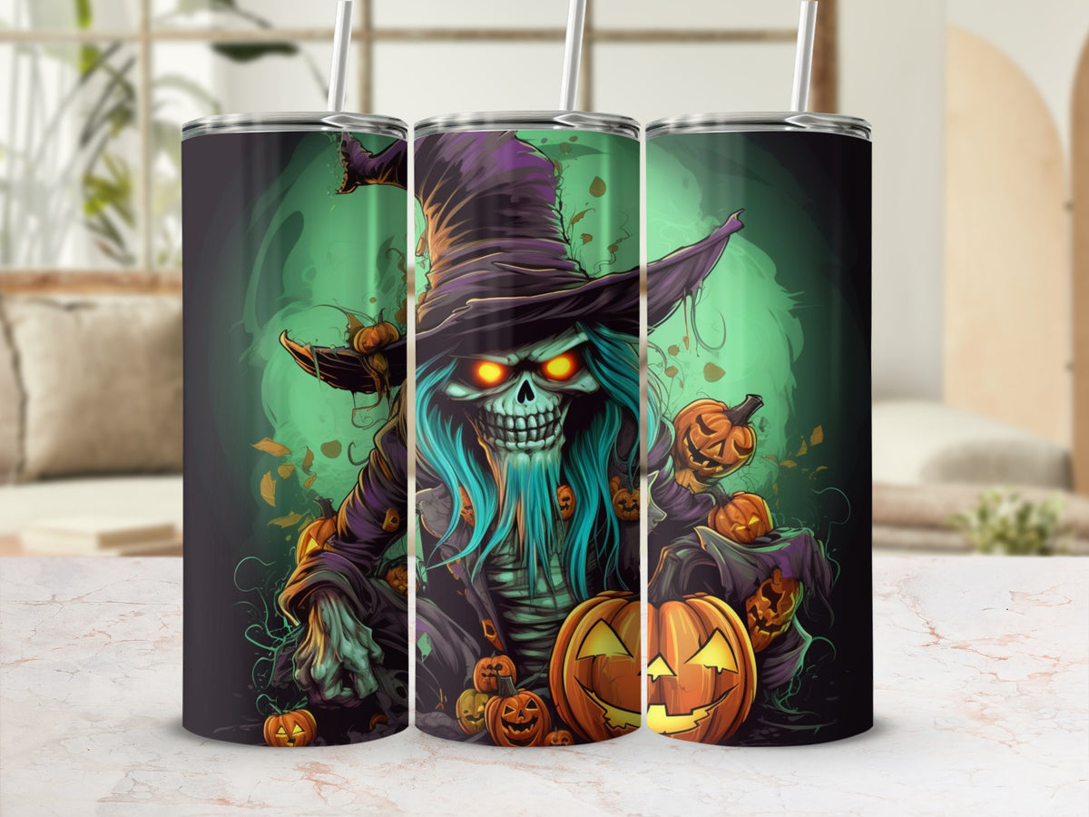 Tumbler with a spooky witch and pumpkins Halloween design.