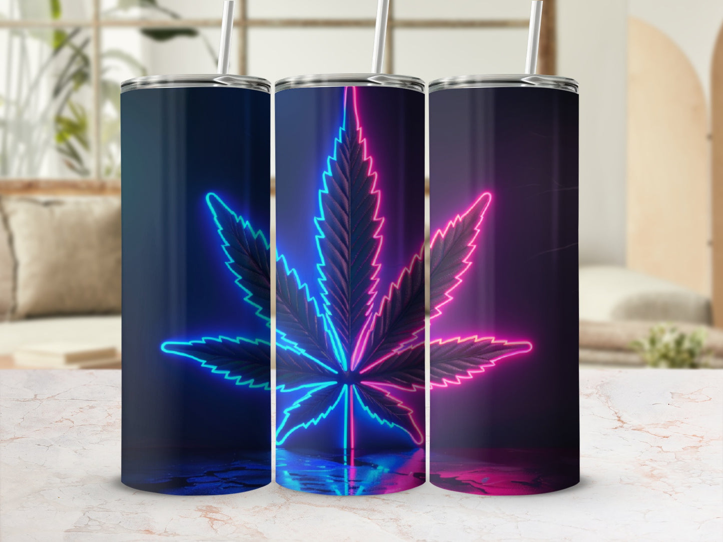 Neon cannabis leaf tumbler with blue and pink glow.