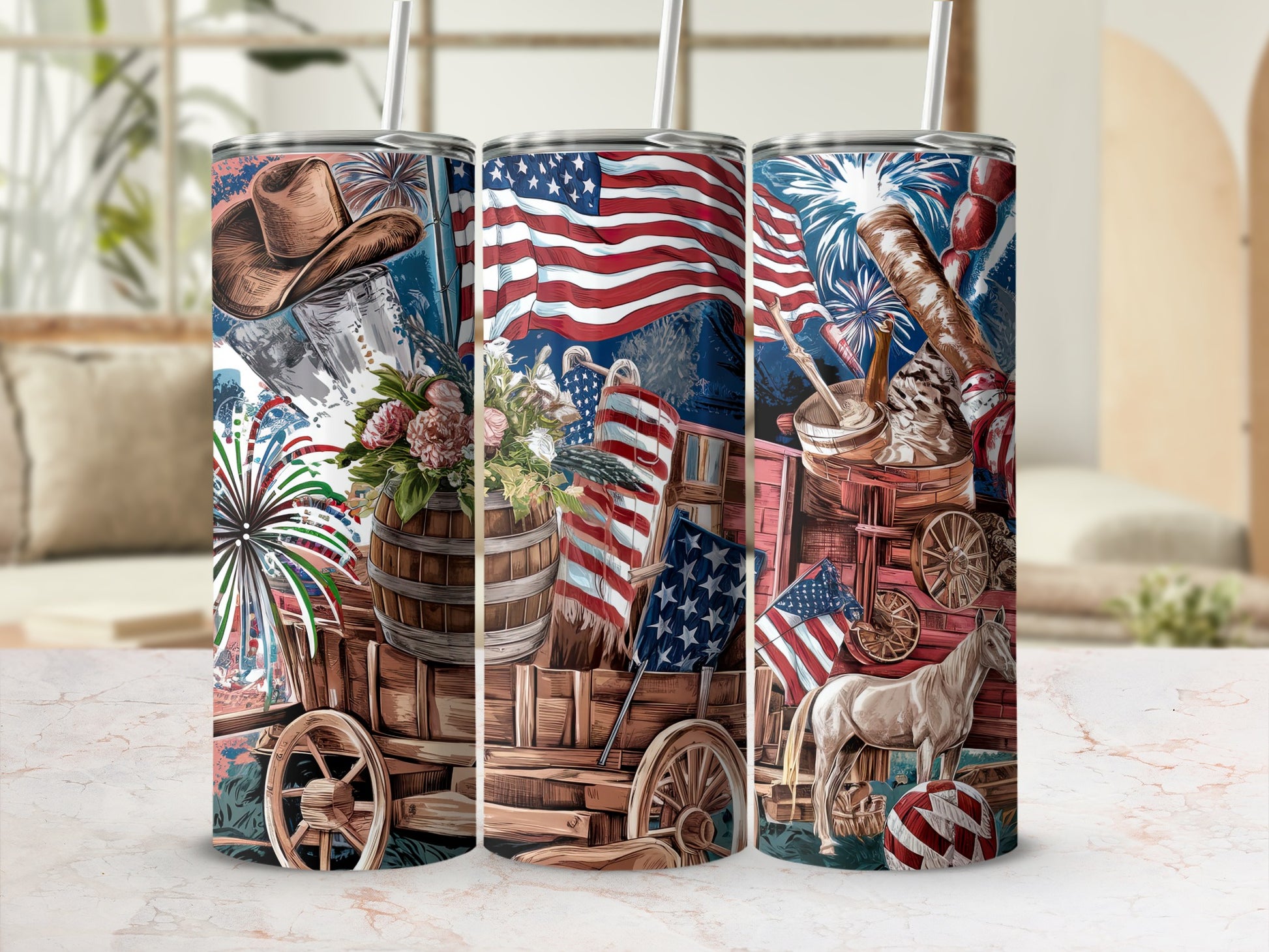 American flag, fireworks, cowboy hat, and barrel on a tumbler.