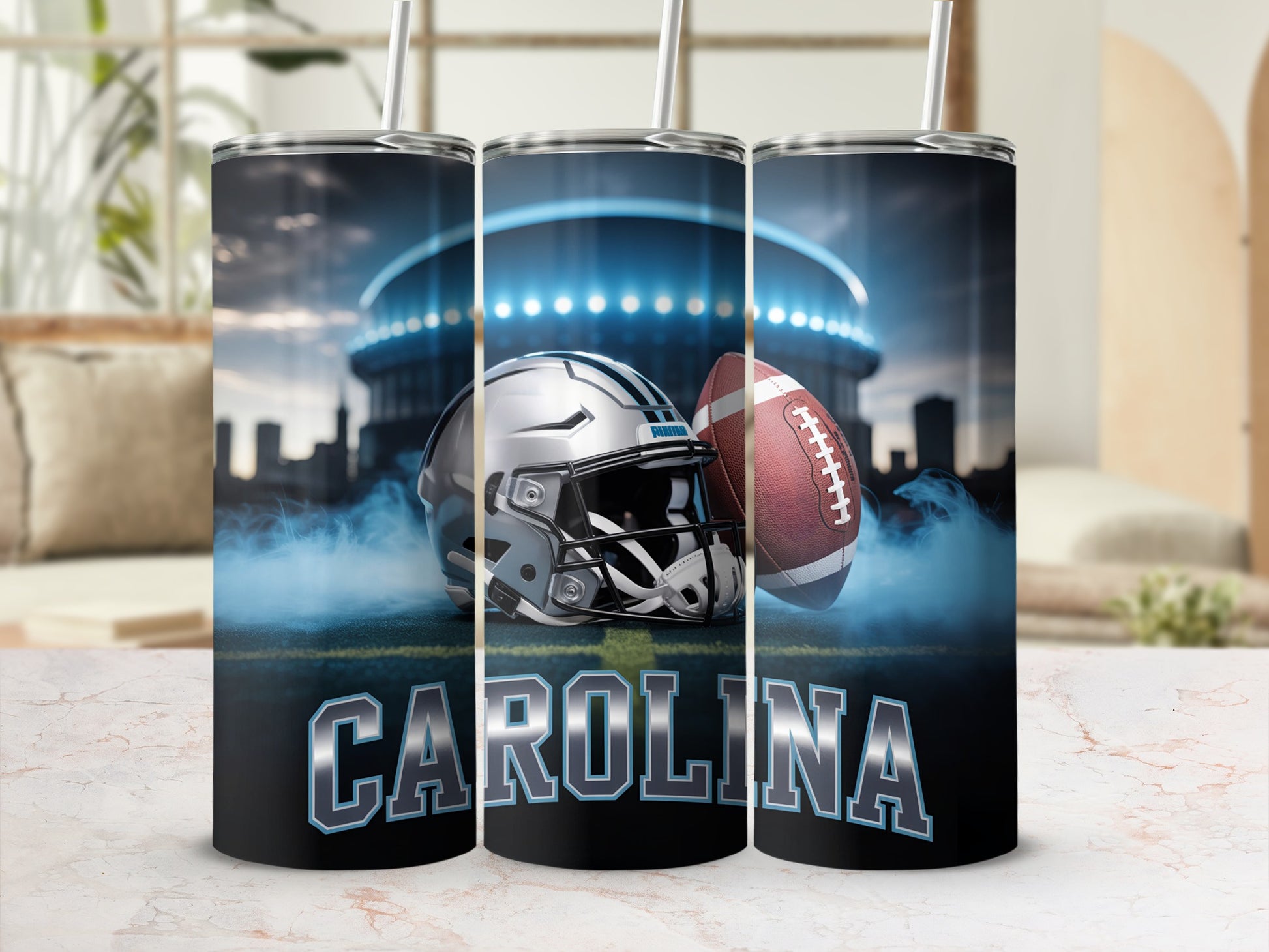 Carolina Panthers helmet and football with stadium background.