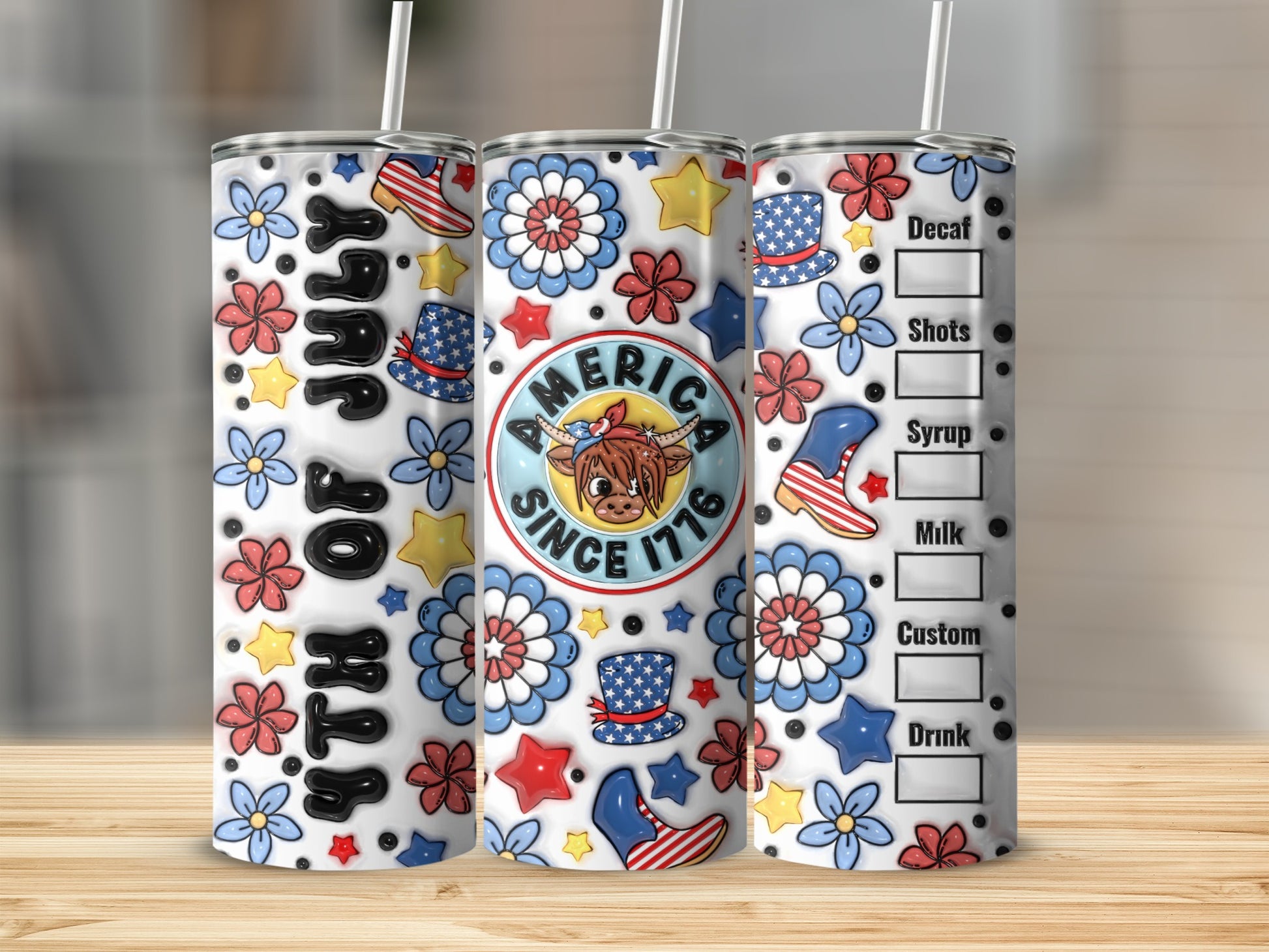 American flag themed tumbler with drink order list.