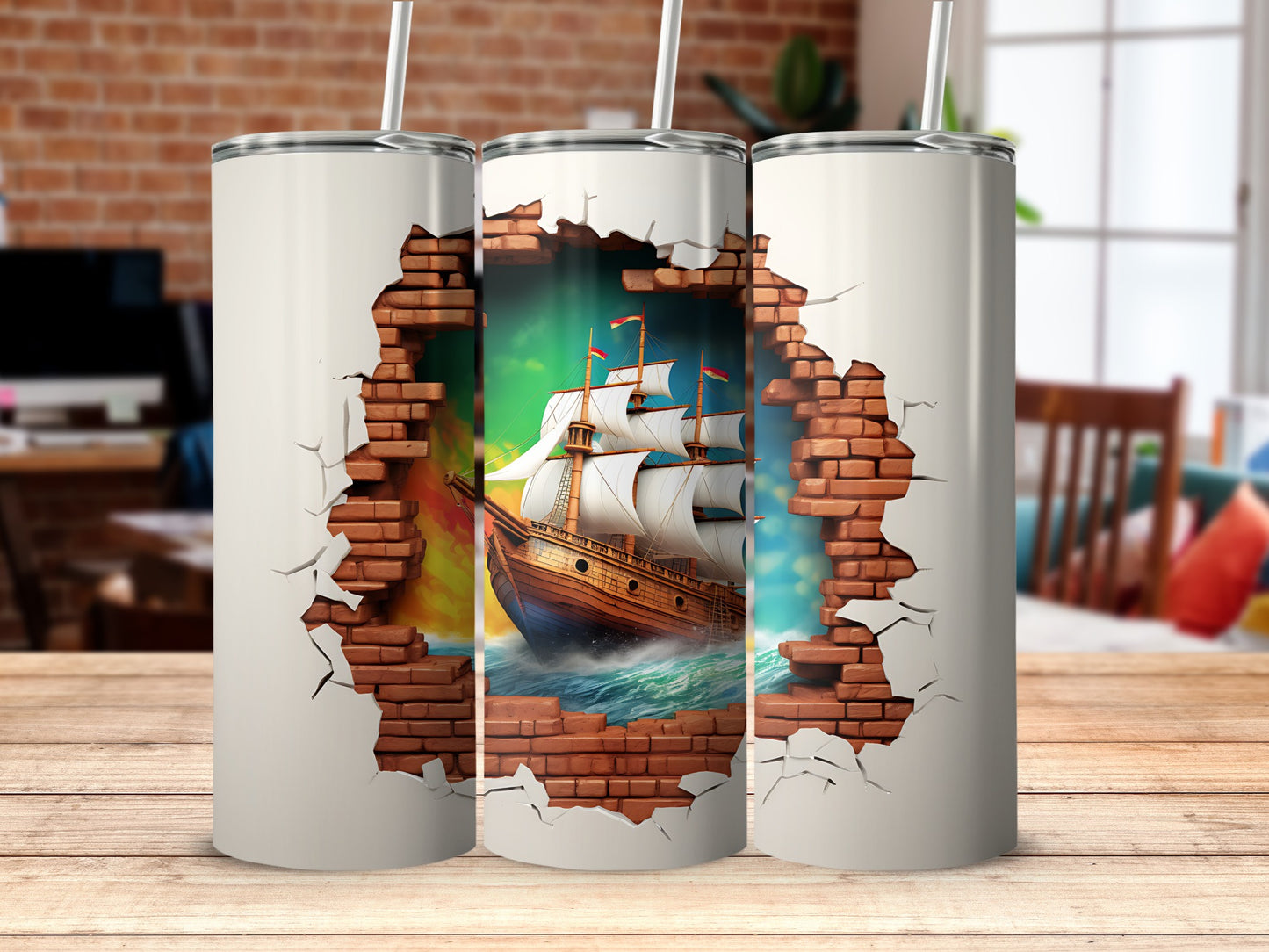 Ship Sailing Through Brick Wall Tumbler Product