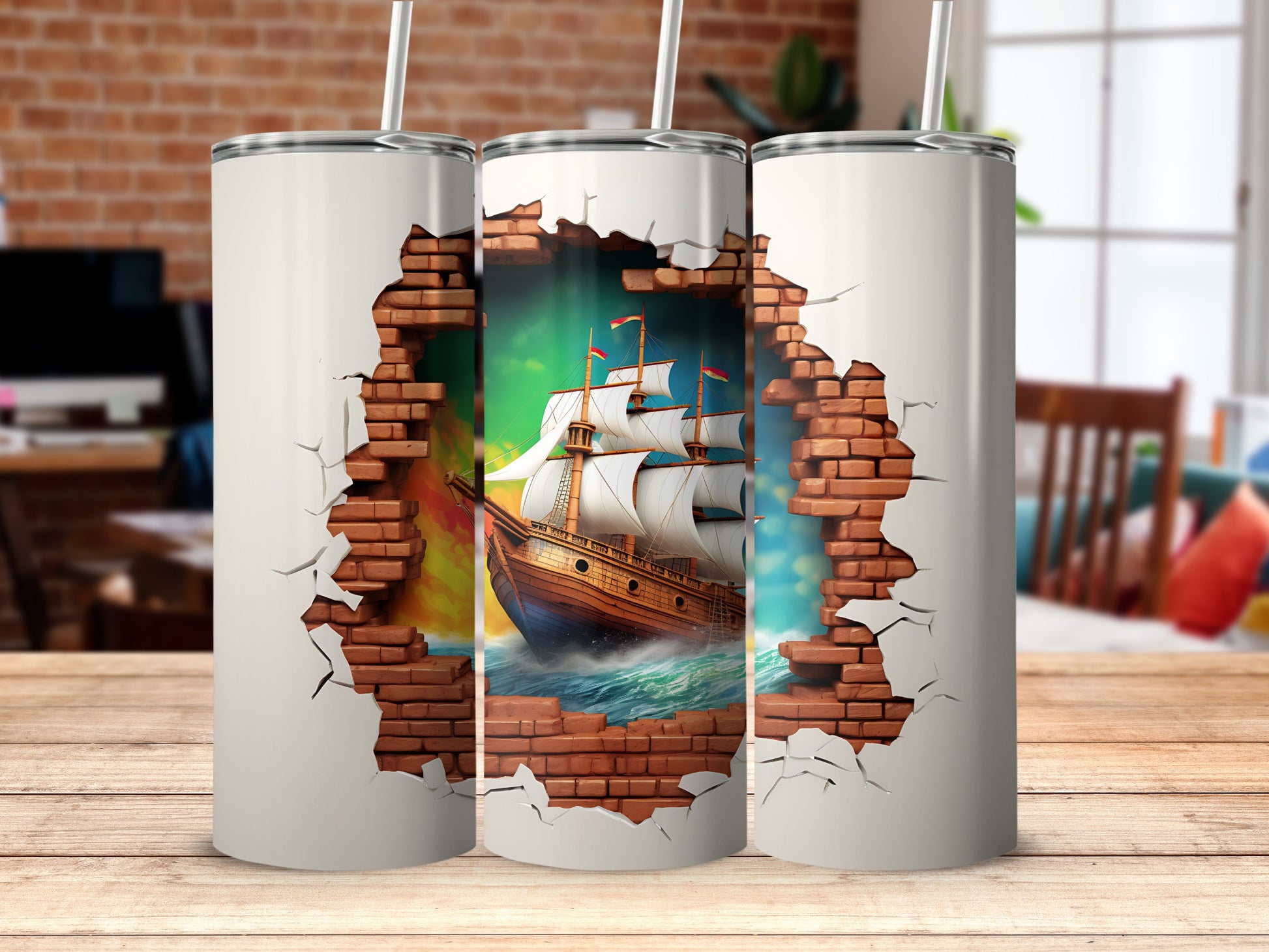 Ship Sailing Through Brick Wall Tumbler Product