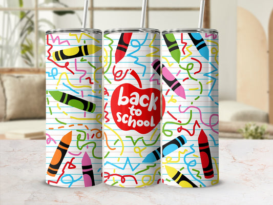 Three tumblers with a "back to school" design featuring crayons and colorful scribbles.
