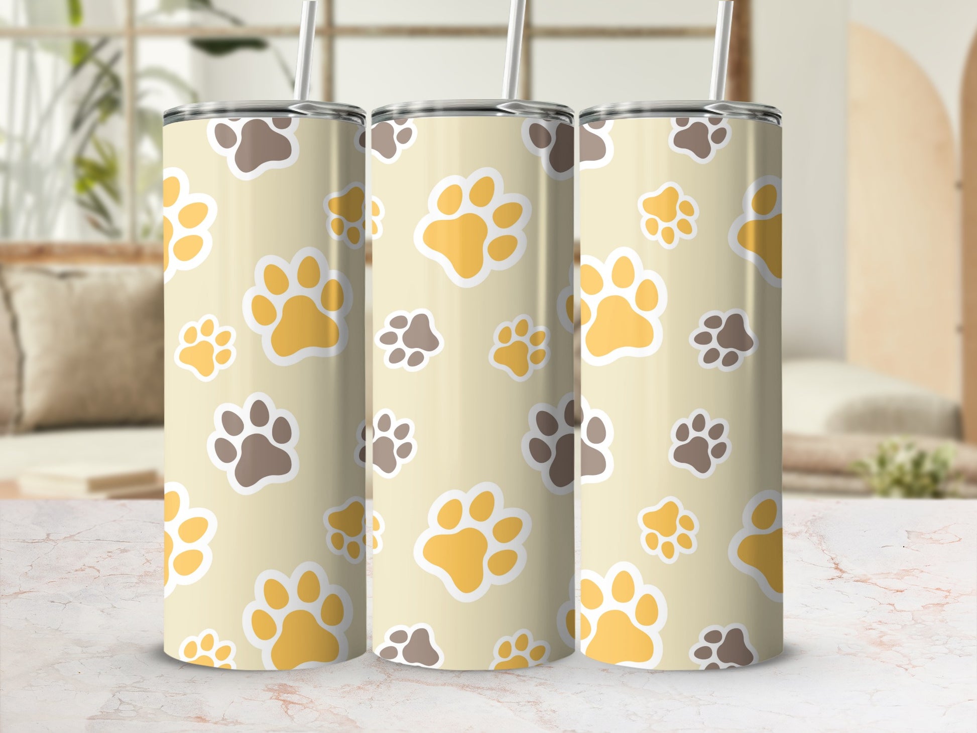 Cute Yellow and Brown Paw Print Tumbler Cups