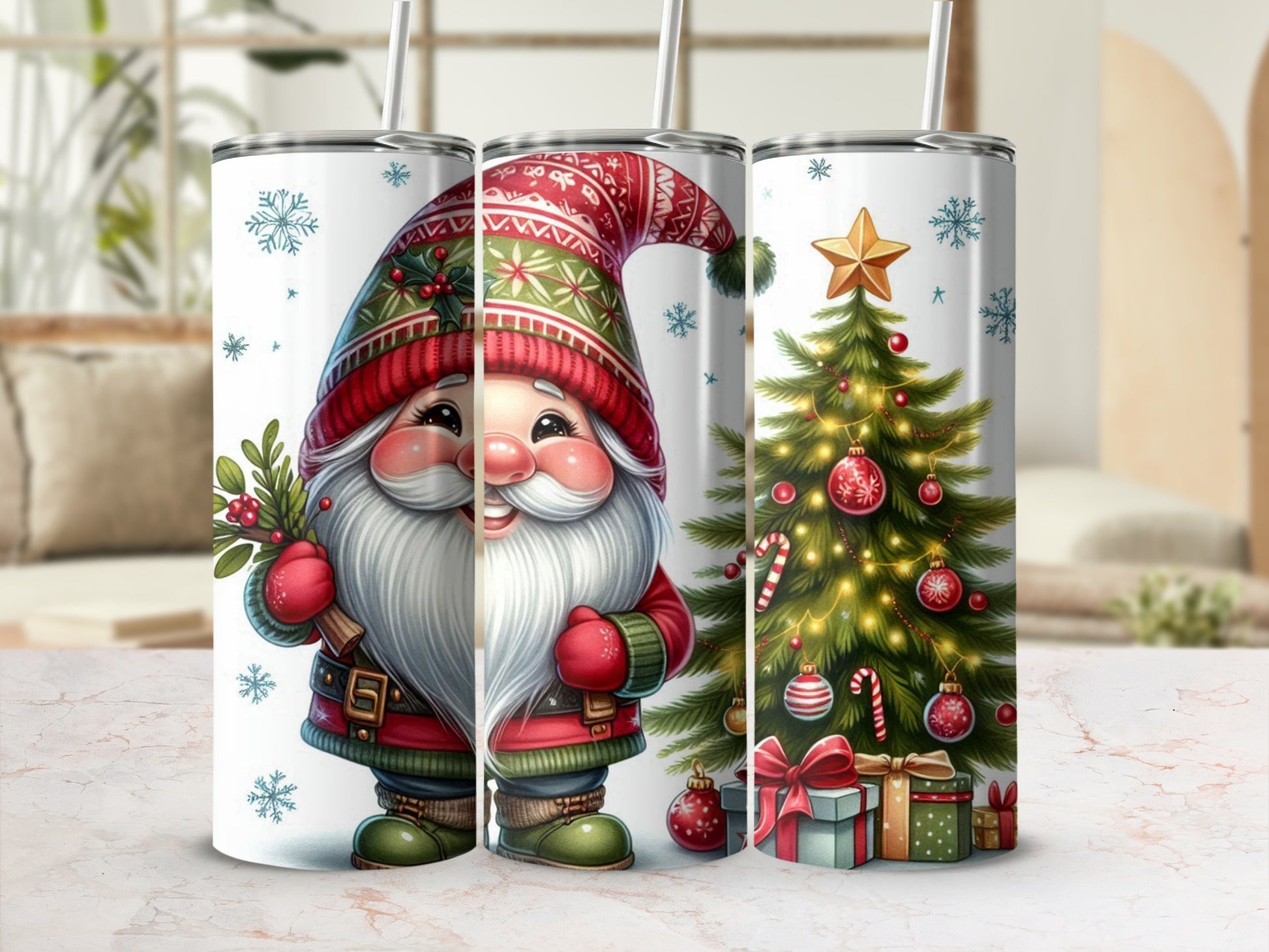 Christmas gnome with tree and gifts on a tumbler.