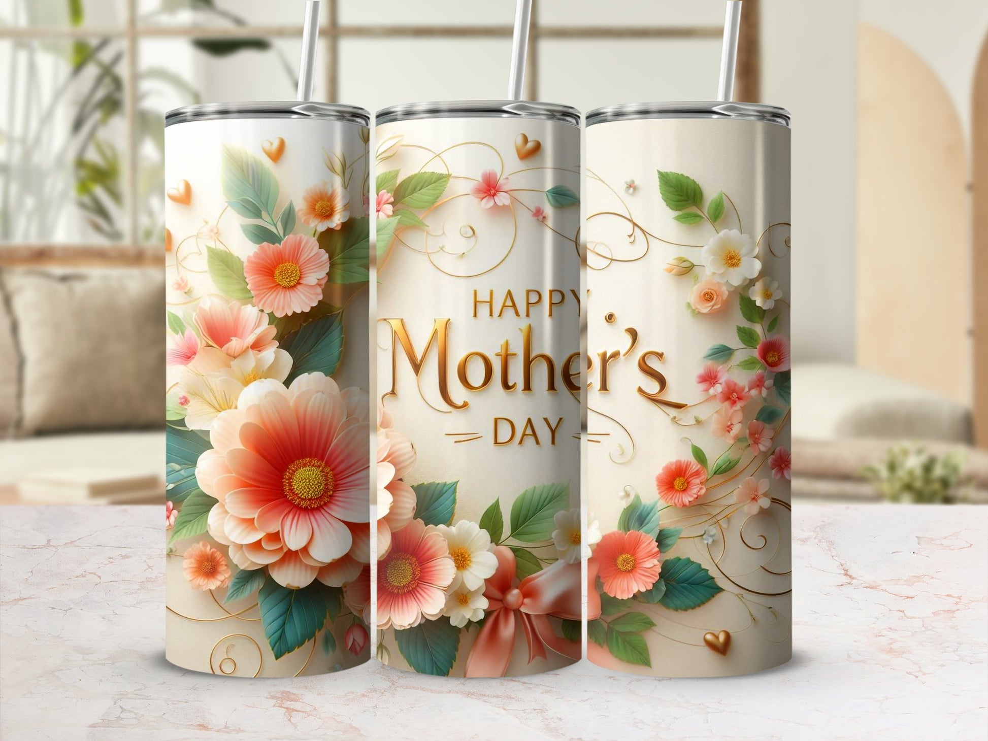 Elegant Mother's Day Floral Tumbler with Straw