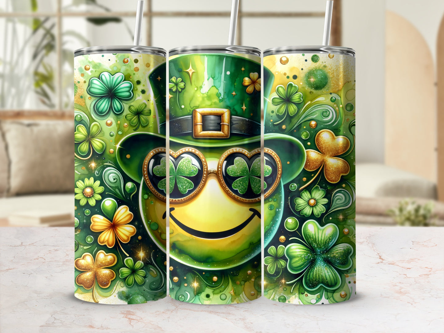 Leprechaun smiley face with clover glasses on a festive St. Patrick's Day tumbler.