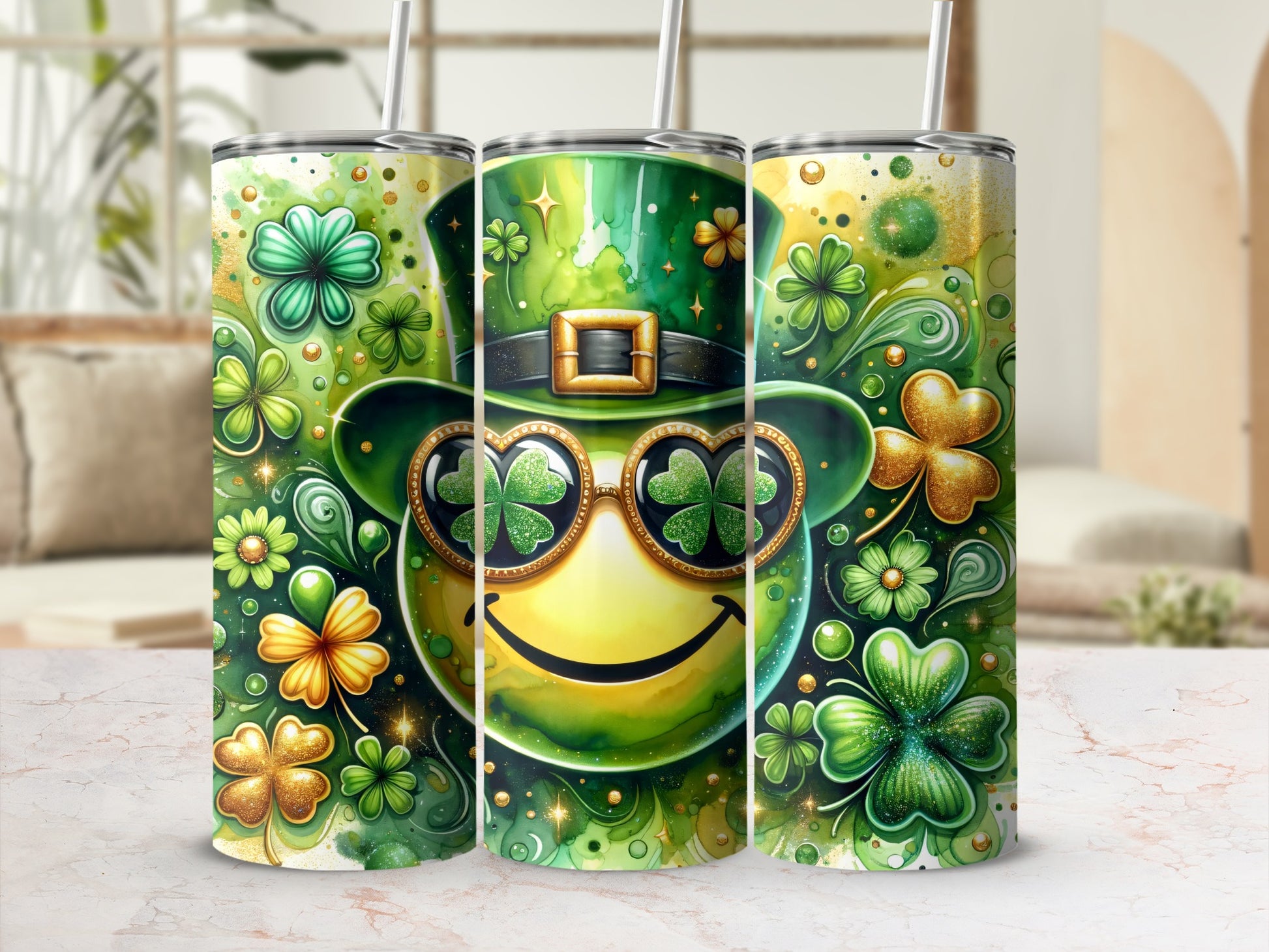 Leprechaun smiley face with clover glasses on a festive St. Patrick's Day tumbler.
