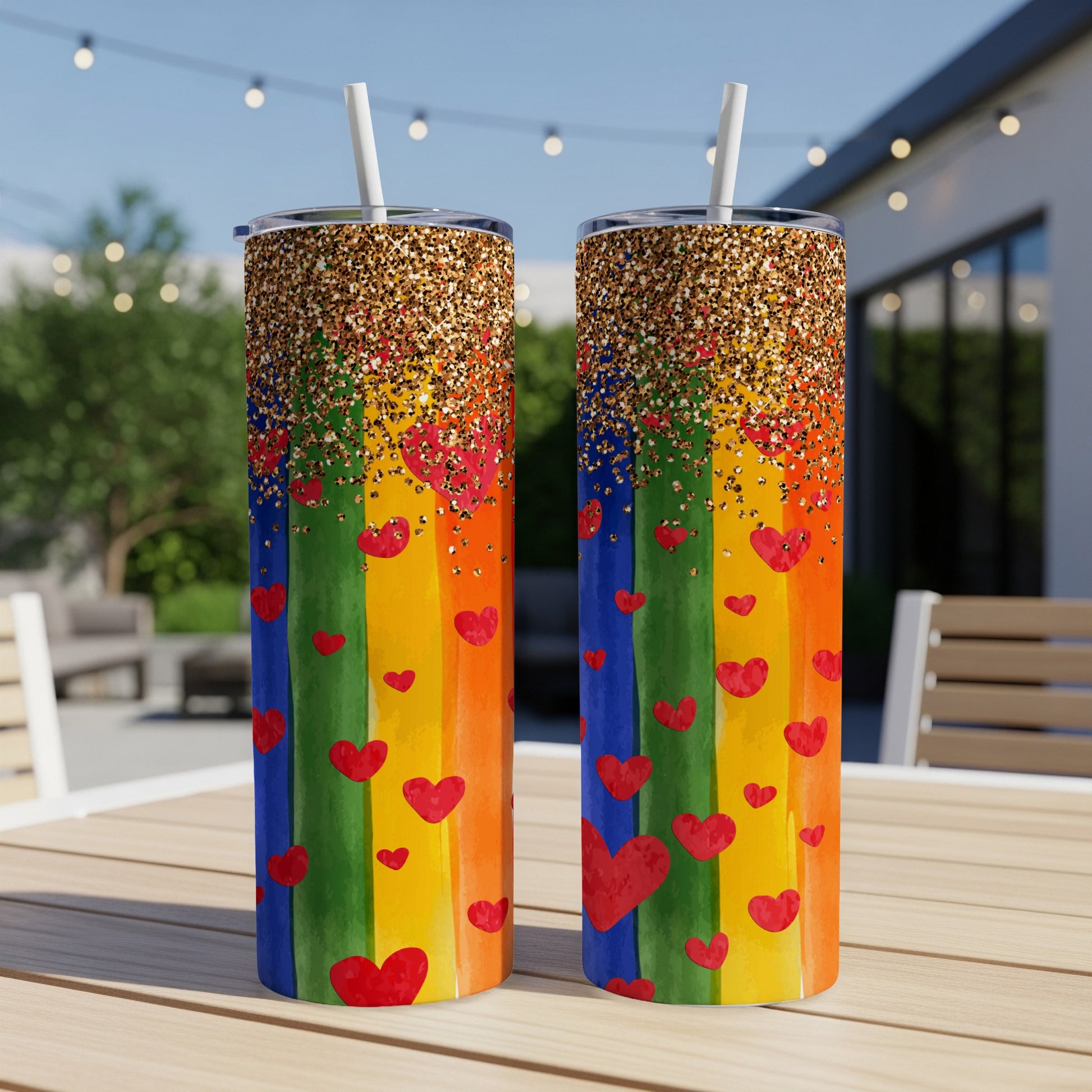 Two tumblers with rainbow stripes and red heart accents, glitter at the top.