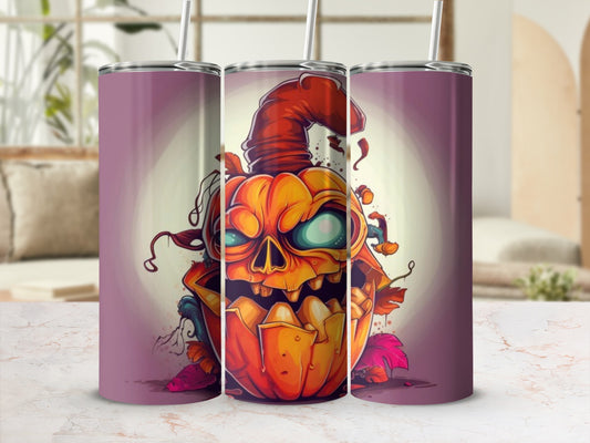 Tumbler with a carved jack-o-lantern skull, straw, and purple background.