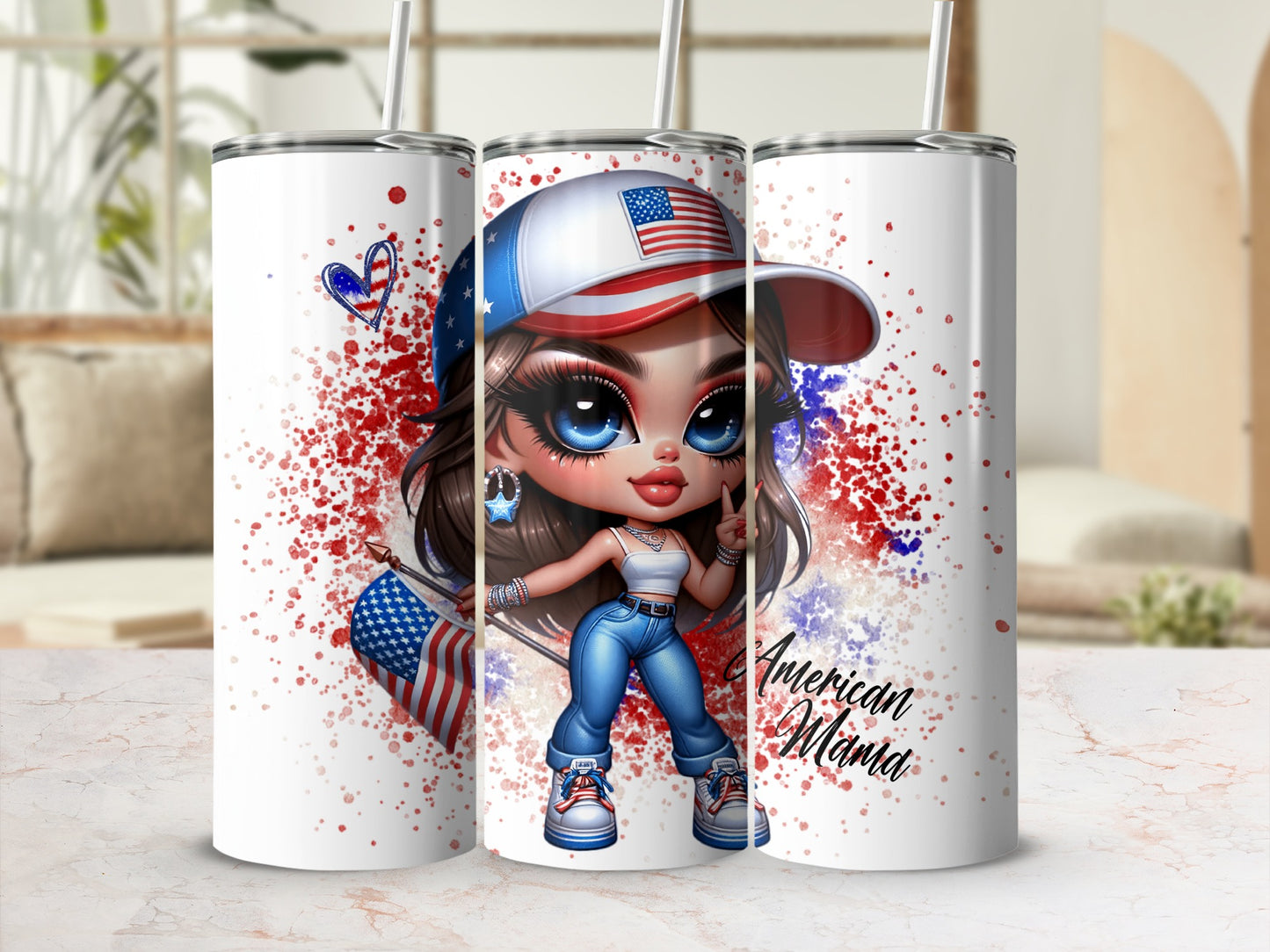 Tumbler featuring a cartoon girl in patriotic attire, holding an American flag.