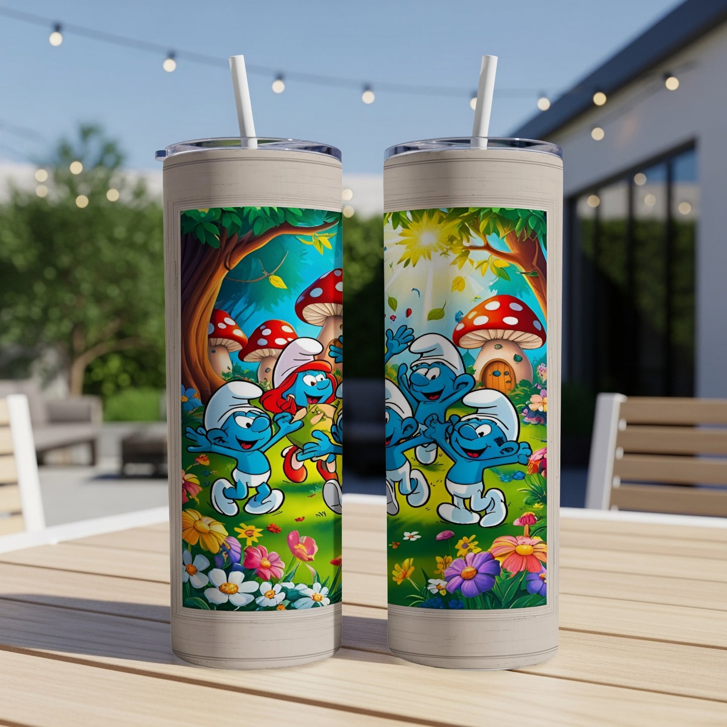 Smurfs in a meadow with mushrooms and flowers.