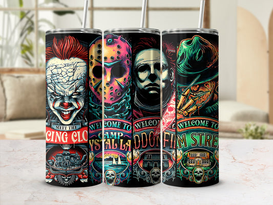Three horror movie villains on tumblers: Pennywise, Jason Voorhees, and Freddy Krueger.