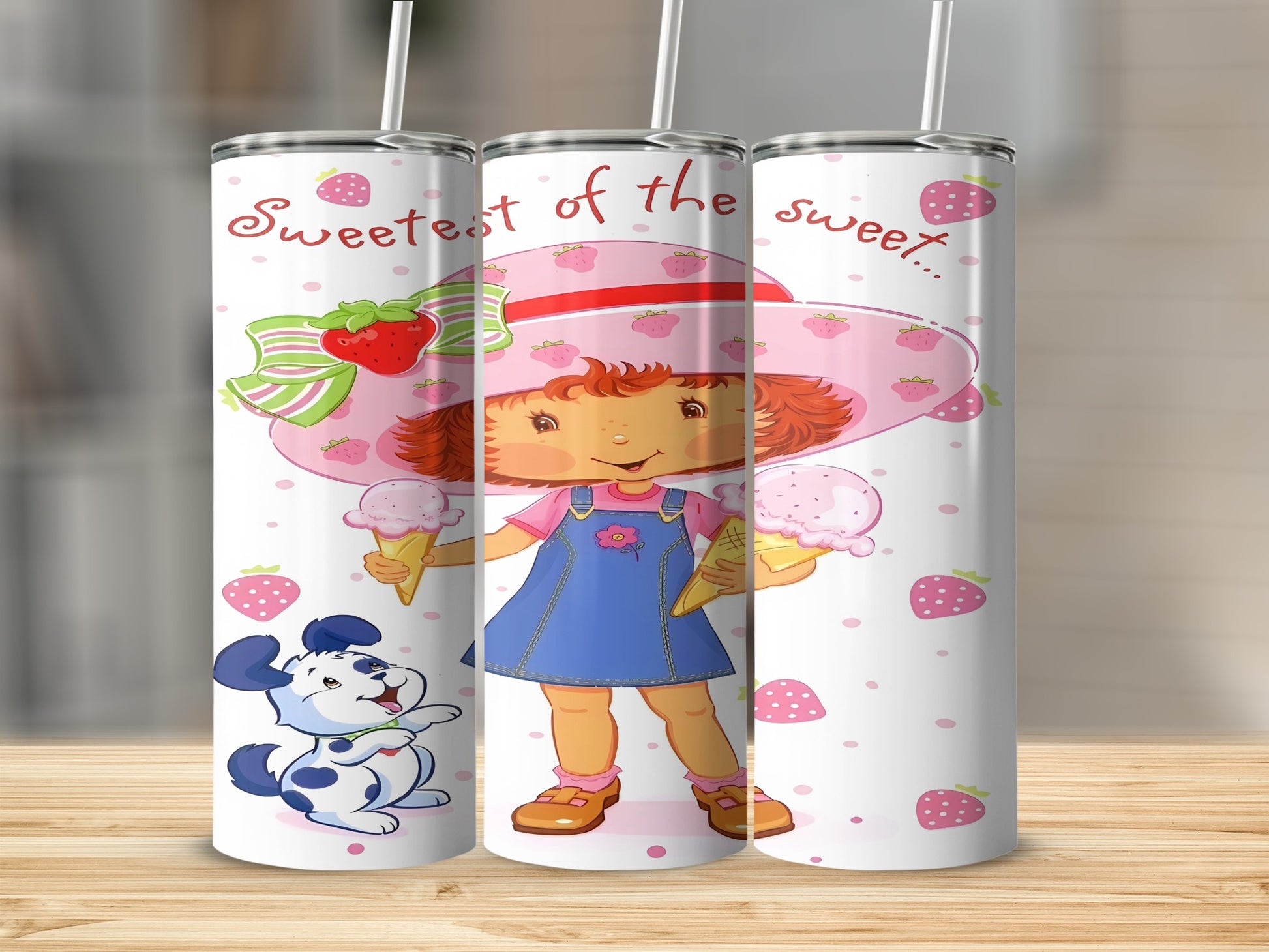 Strawberry Shortcake character with ice cream and dog, "Sweetest of the sweet" text.
