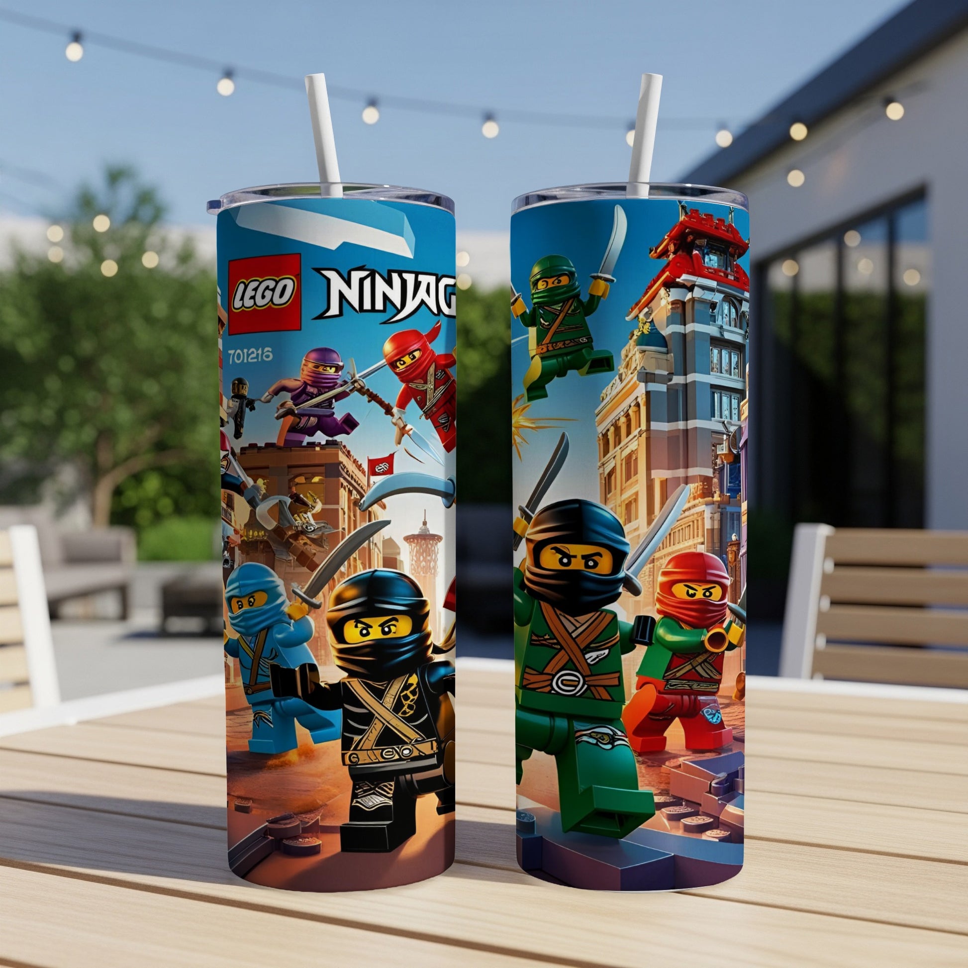LEGO Ninjago characters in action on a city street, with blue, green, and red ninjas.