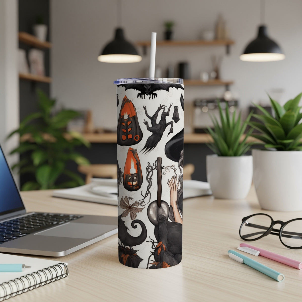 Tumbler with Halloween icons: bats, ghosts, pumpkins, witch hat, and hand.