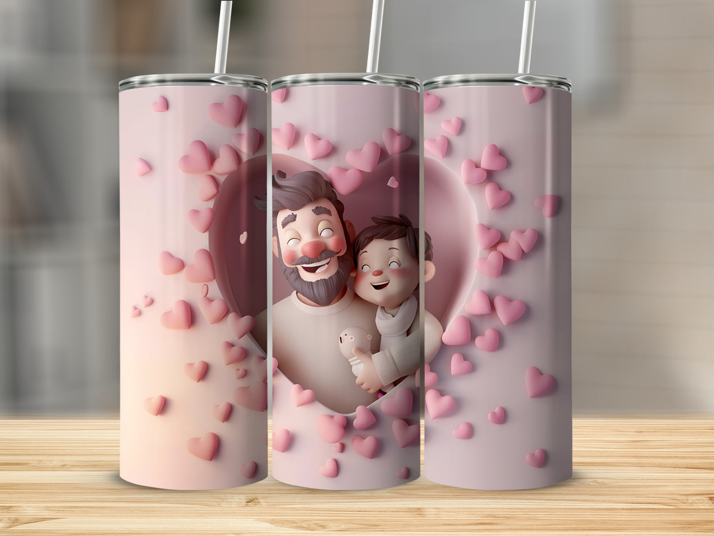 Father and son in heart frame on a pink speckled tumbler.
