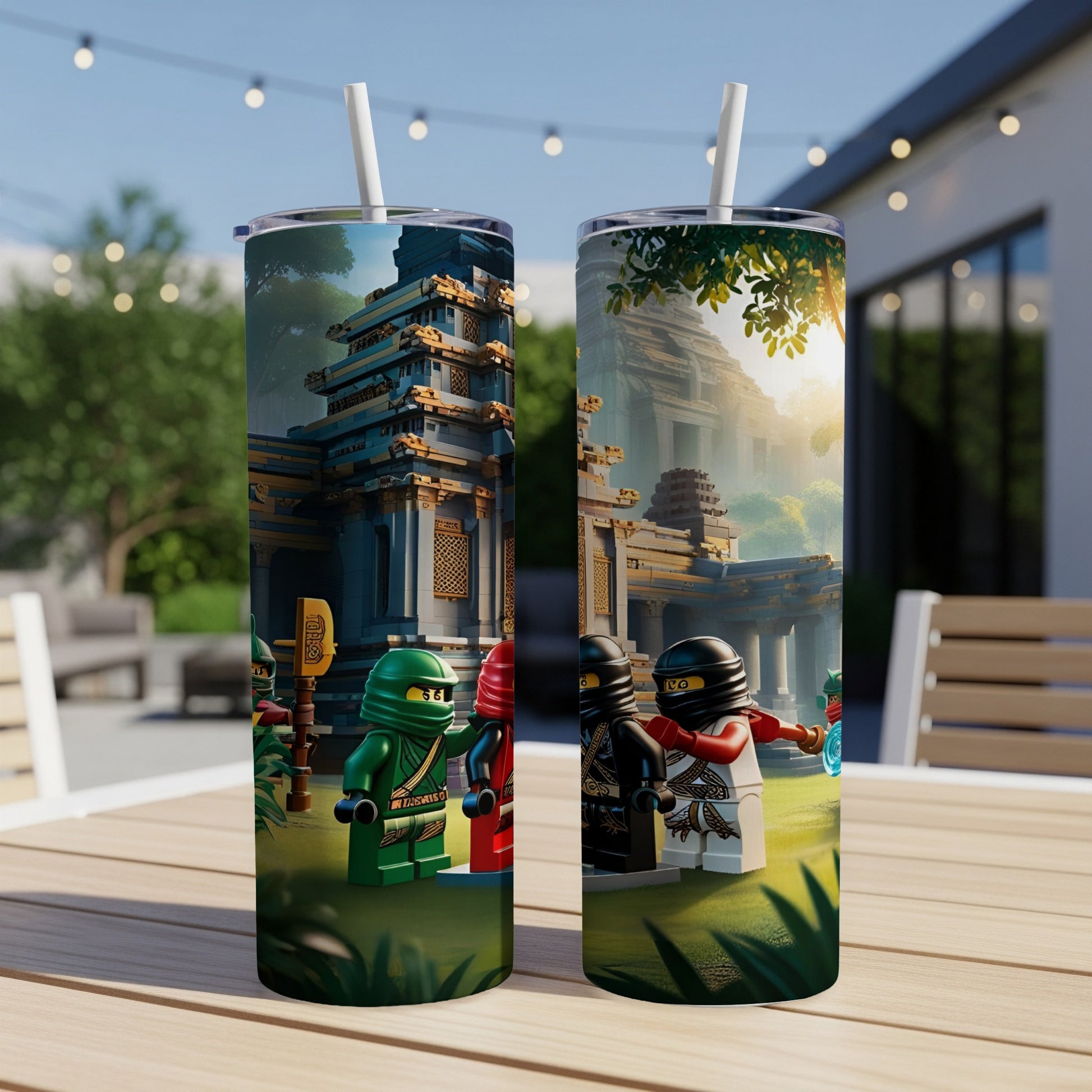 Two Lego Ninjago tumblers featuring characters and a temple setting.