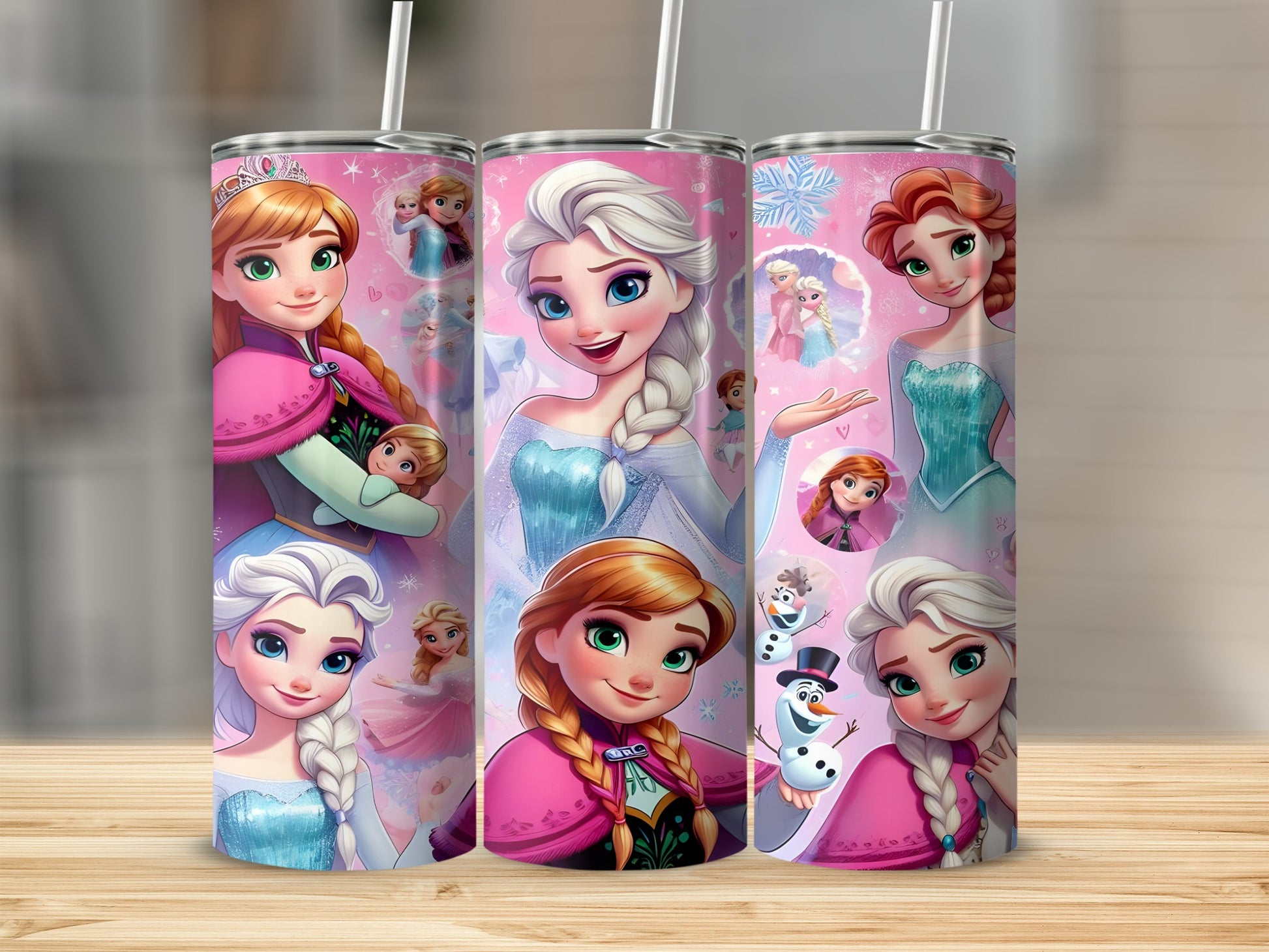 Elsa, Anna, and Olaf from Frozen on a pink tumbler with snowflakes.
