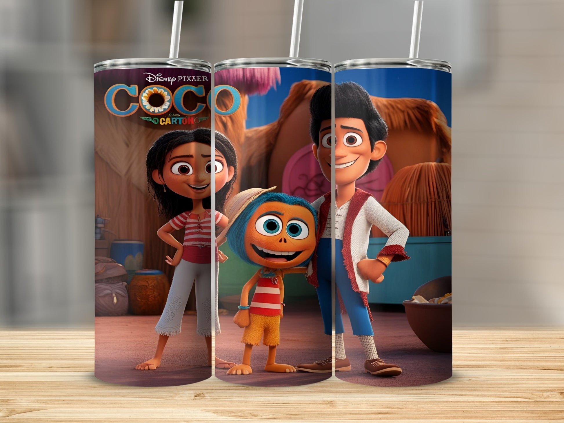 Coco movie characters Miguel, Hector, and Mama Coco on a tumbler.